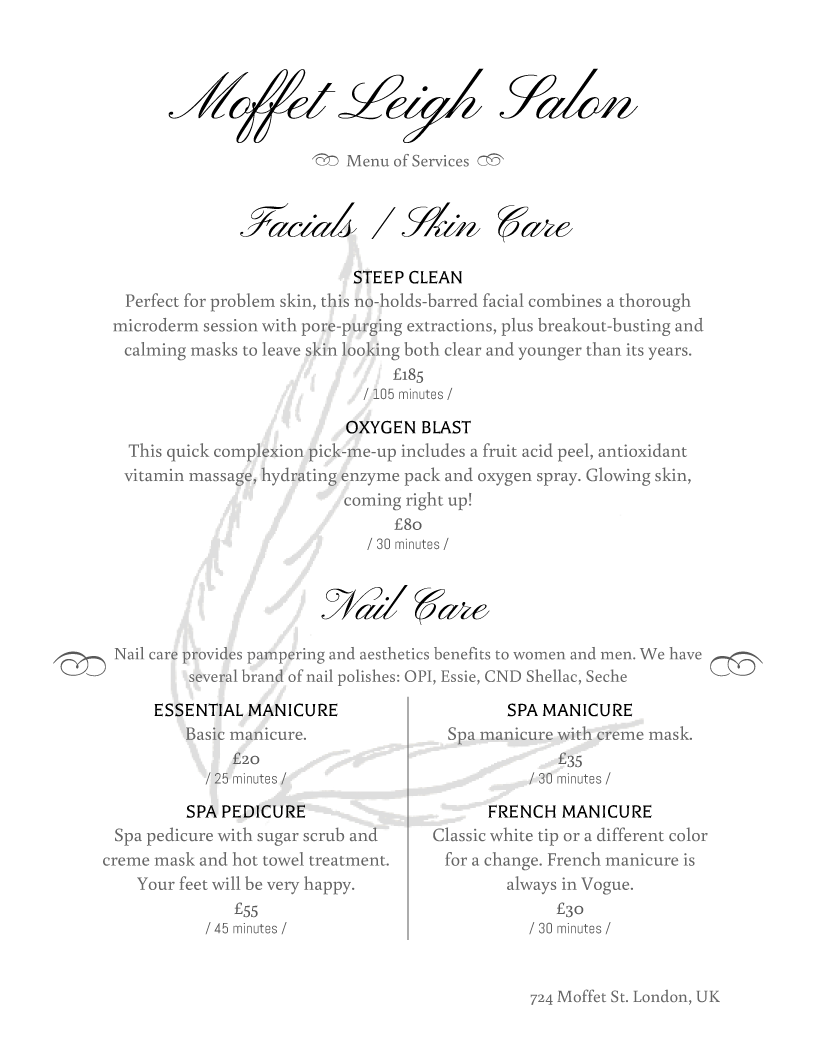 Salon Menu Templates From IMenuPro Salon Menu Templates From IMenuPro