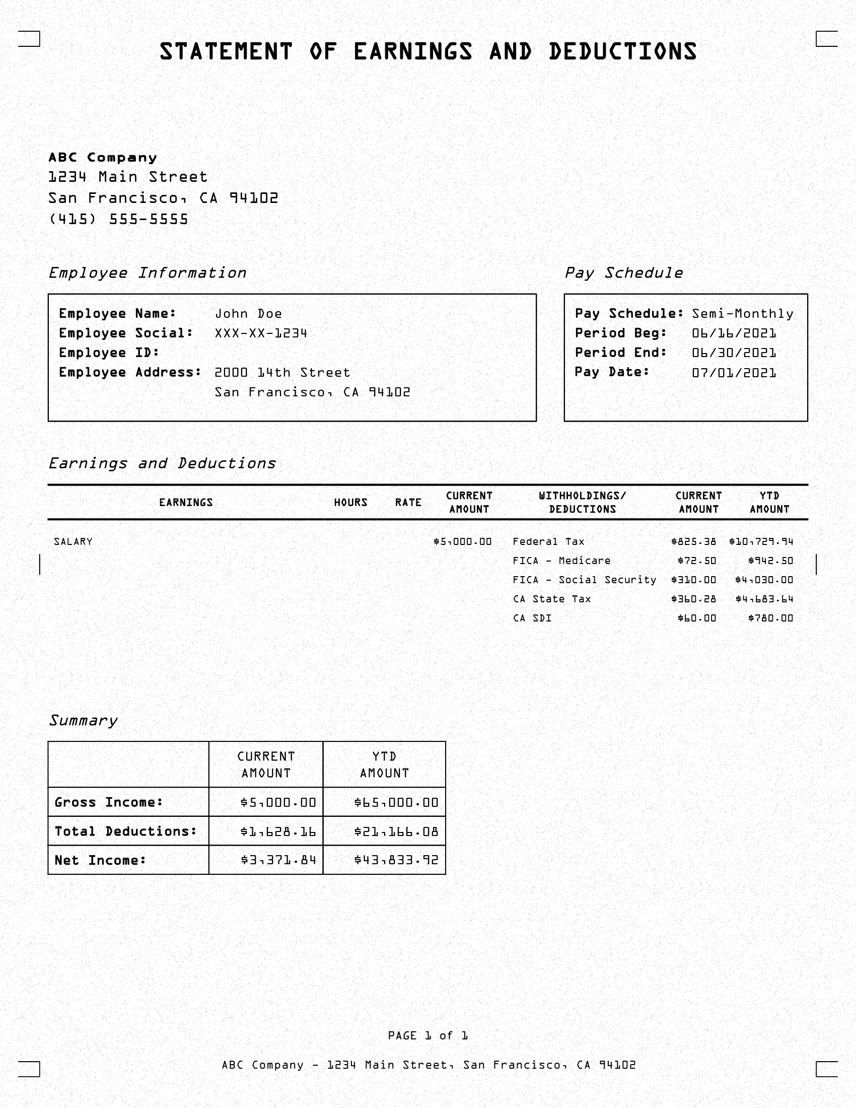 Free Printable Pay Stub Templates