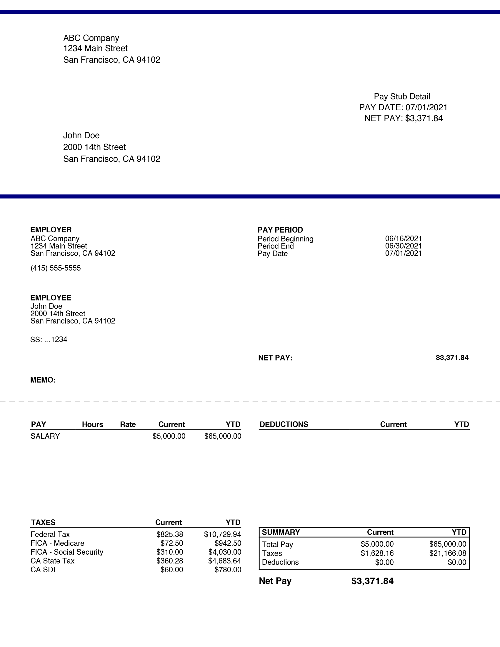 Free Printable Payroll Stub Template