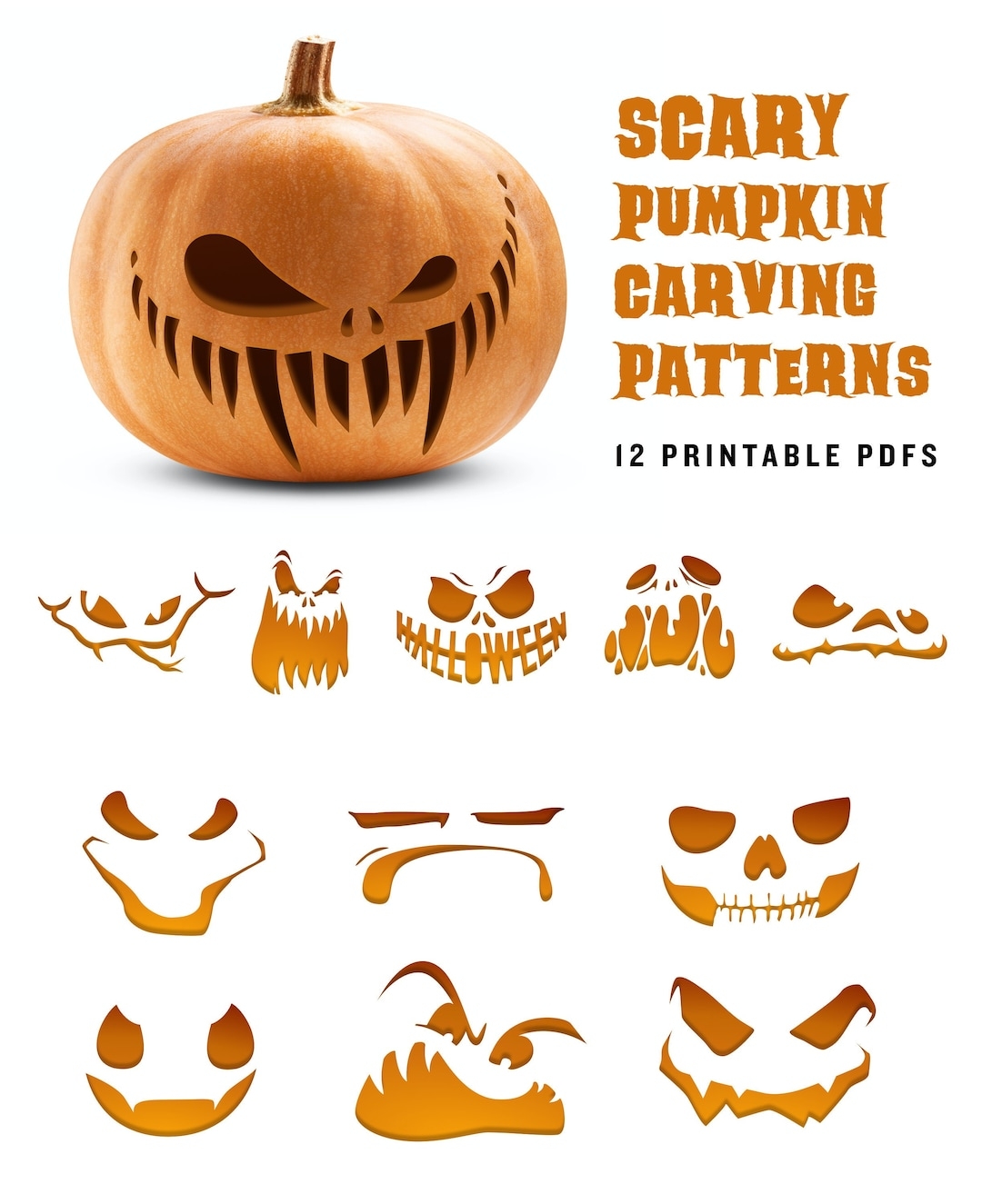 Scary Pumpkin Carving Pattern Angry Jack o lantern Printable 