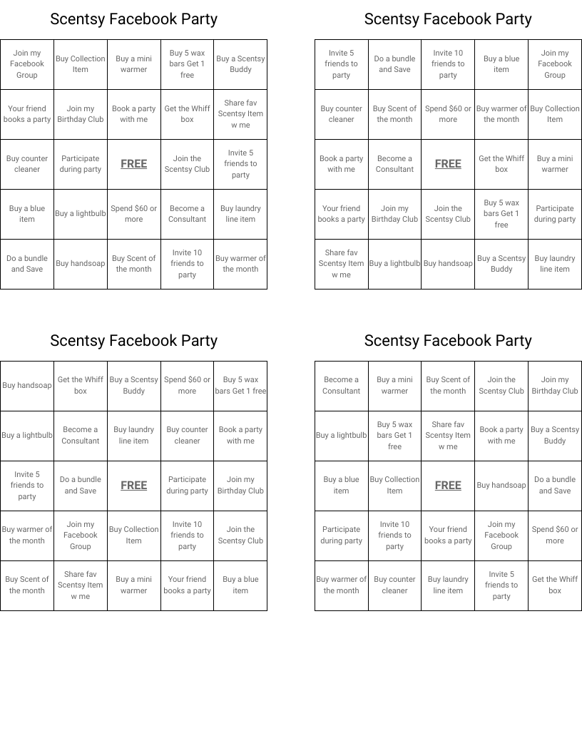 Scentsy Facebook Party Bingo Cards WordMint Scentsy Facebook Party Bingo Cards WordMint