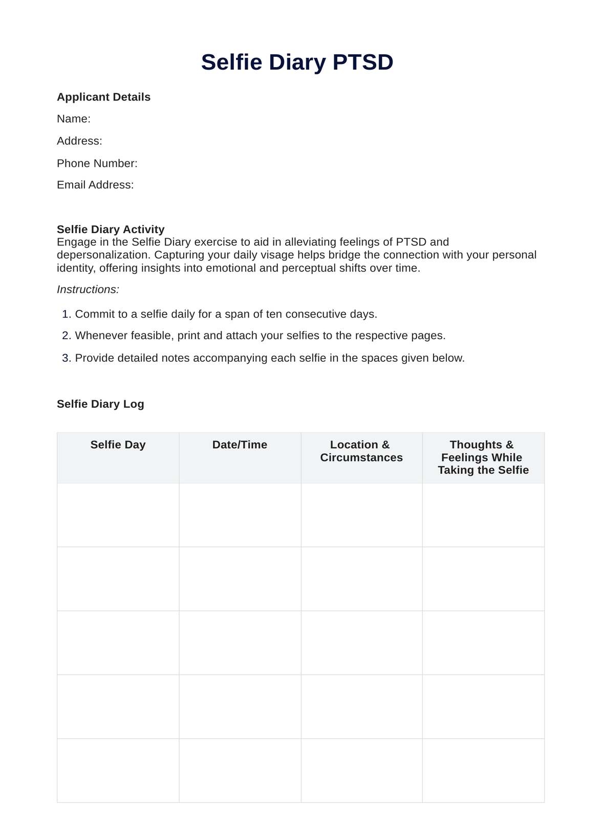 Selfie Diary PTSD Worksheet U0026 Example Free PDF Download