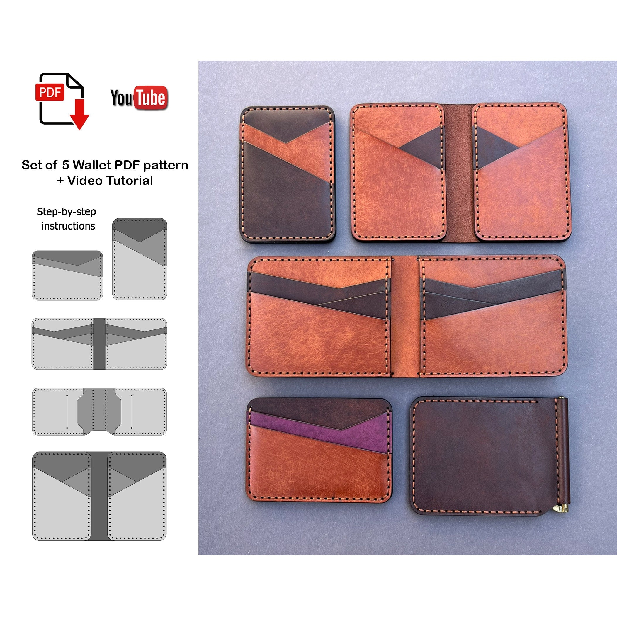 Set Of 5 Leather Wallet Pattern Leather Wallet PDF Wallet PDF Bifold Wallet Pdf Card Holder PDF Wallet Pattern Pattern Video Tutorial Etsy