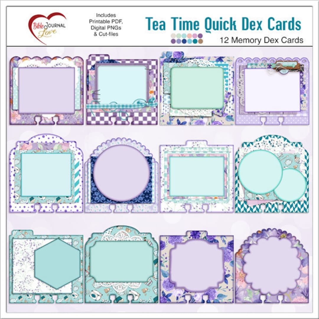 Tea Time Memory Dex Cards Digital And Printable PDF With Matching Freebie In Purple And Teals Etsy