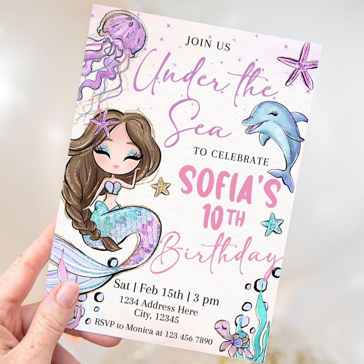 Under The Sea Glitter Mermaid Birthday Invitation Canva Template Worksheets Library