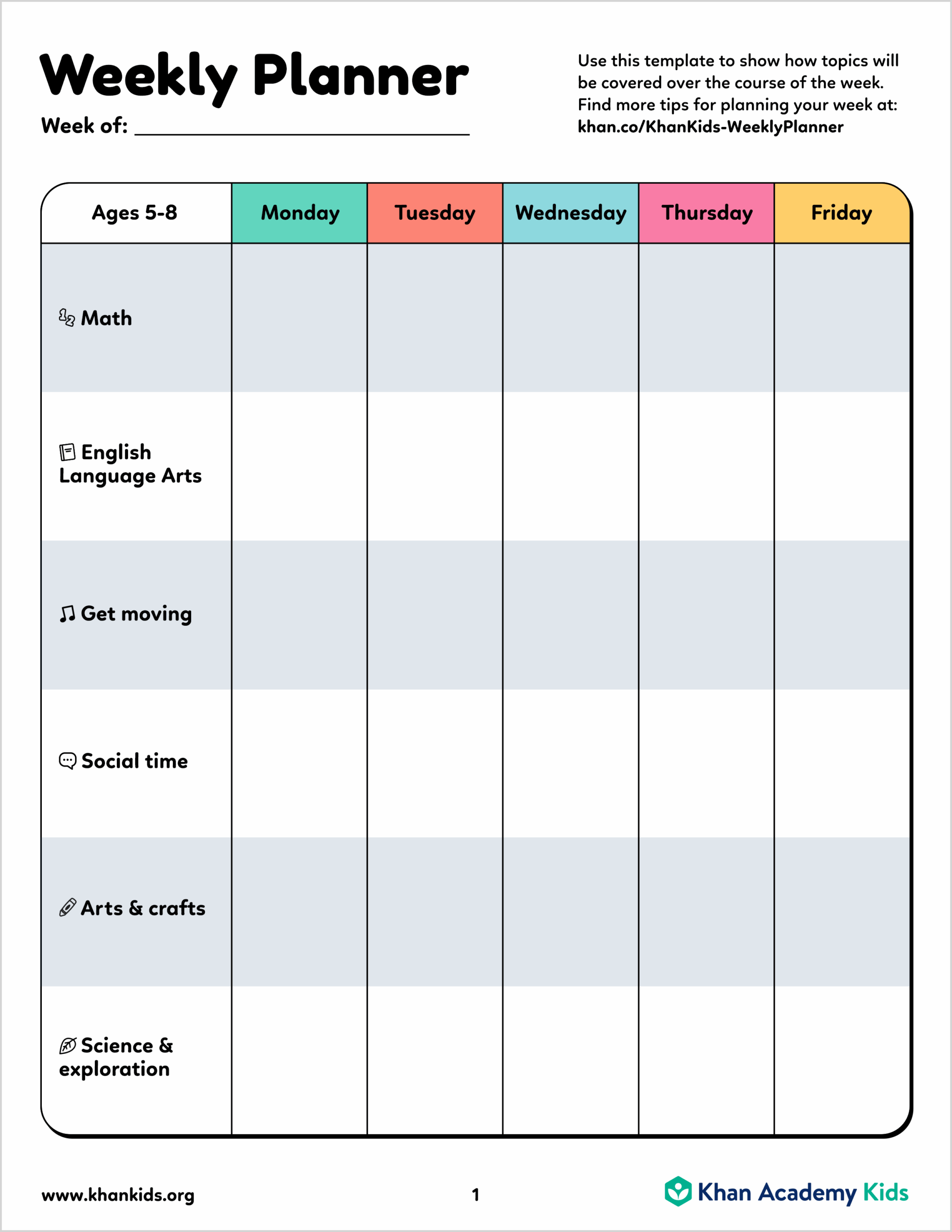 Weekly Planners For Ages 2 8 Khan Academy