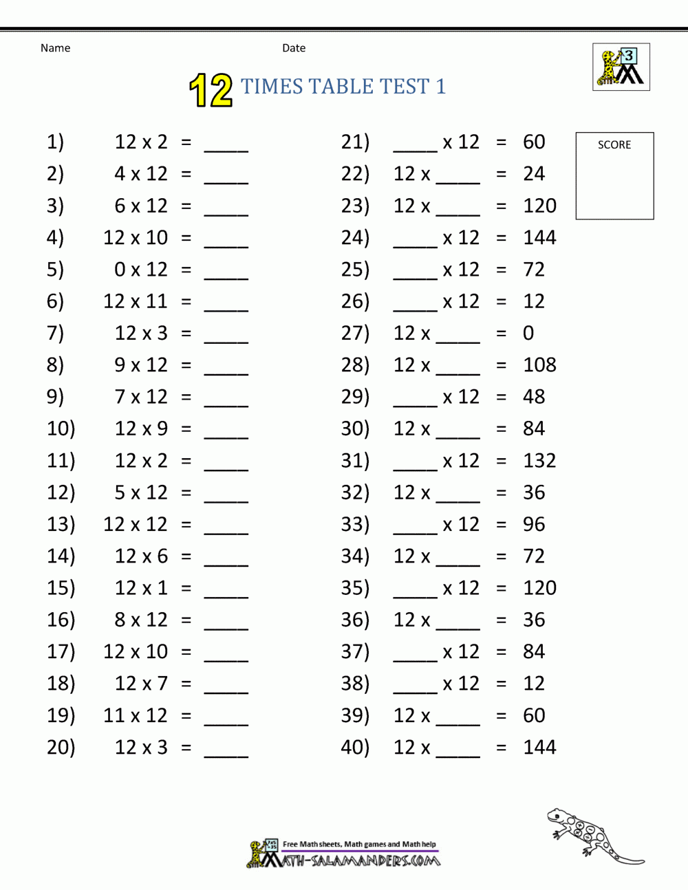 12 Times Table Worksheet Free Printable