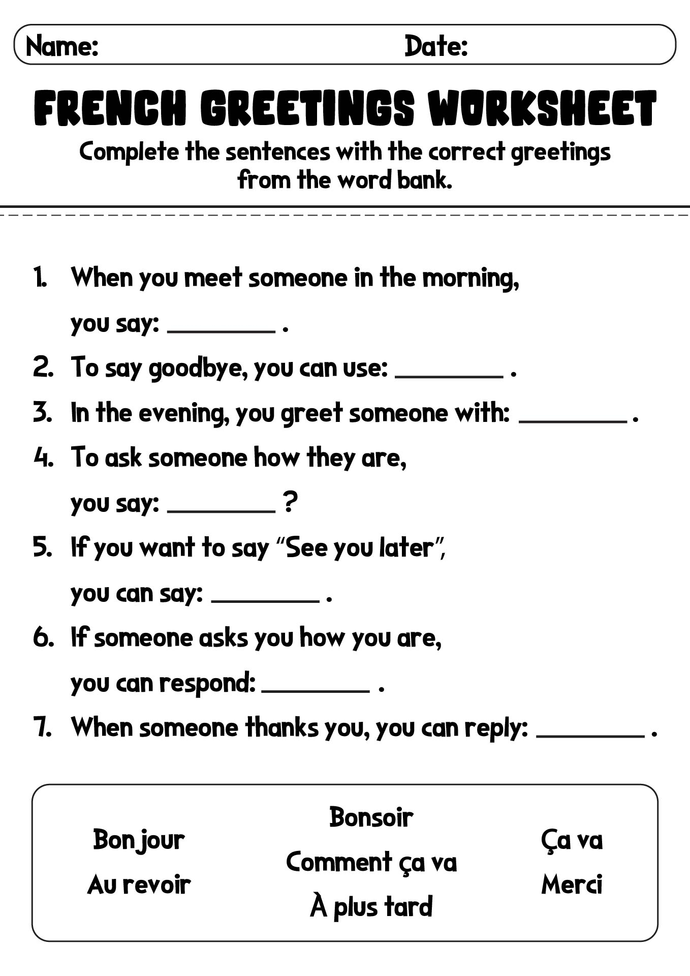 Printable Beginner French Worksheets