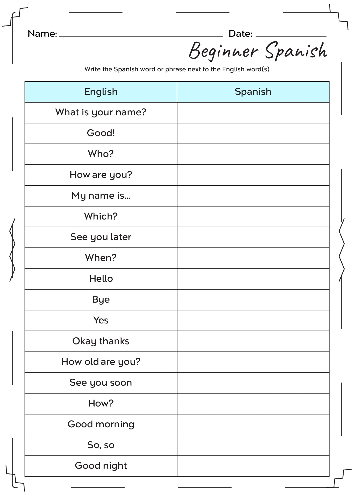 Free Printable Spanish To English Worksheets