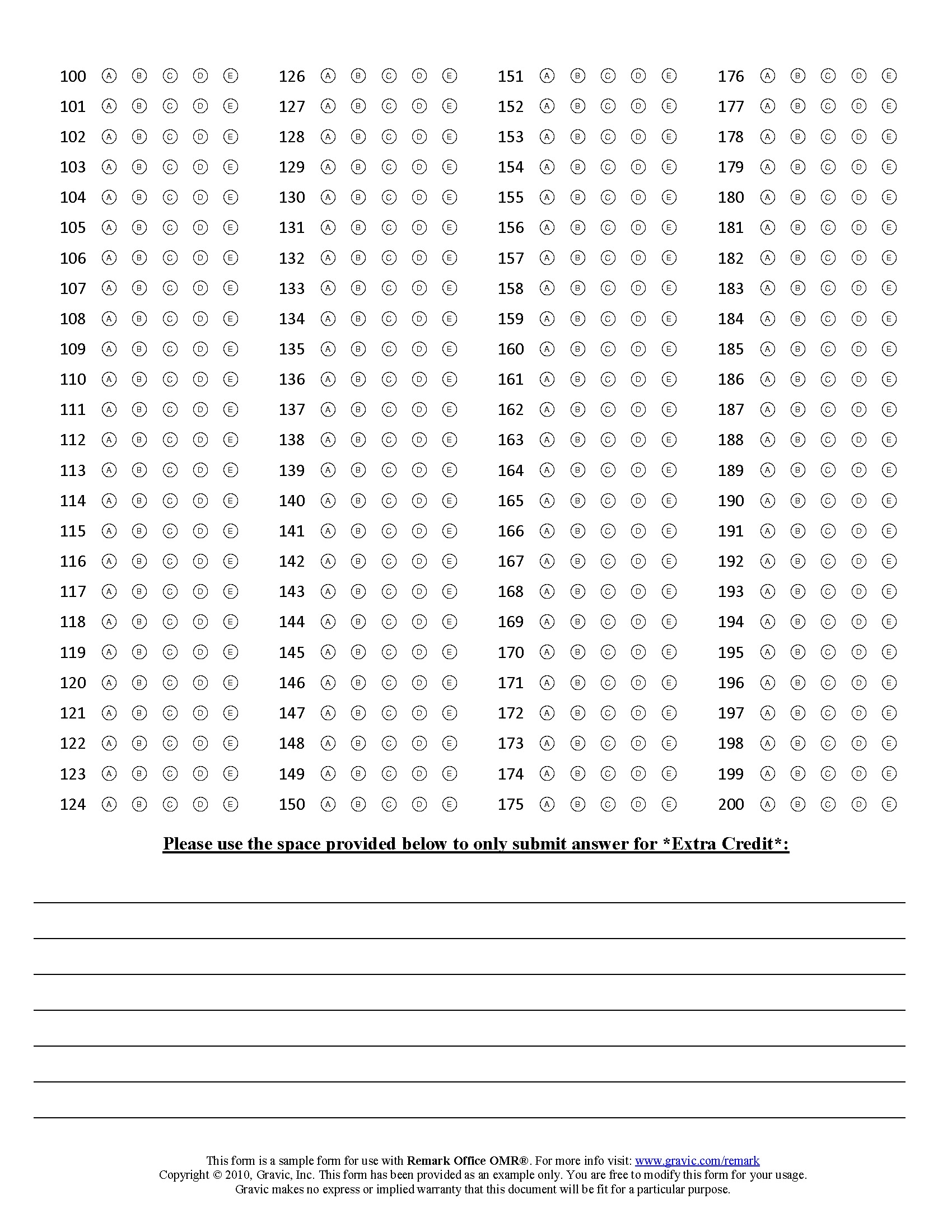 200 Question Answer Sheet With Extra Credit And Barcode Remark Software