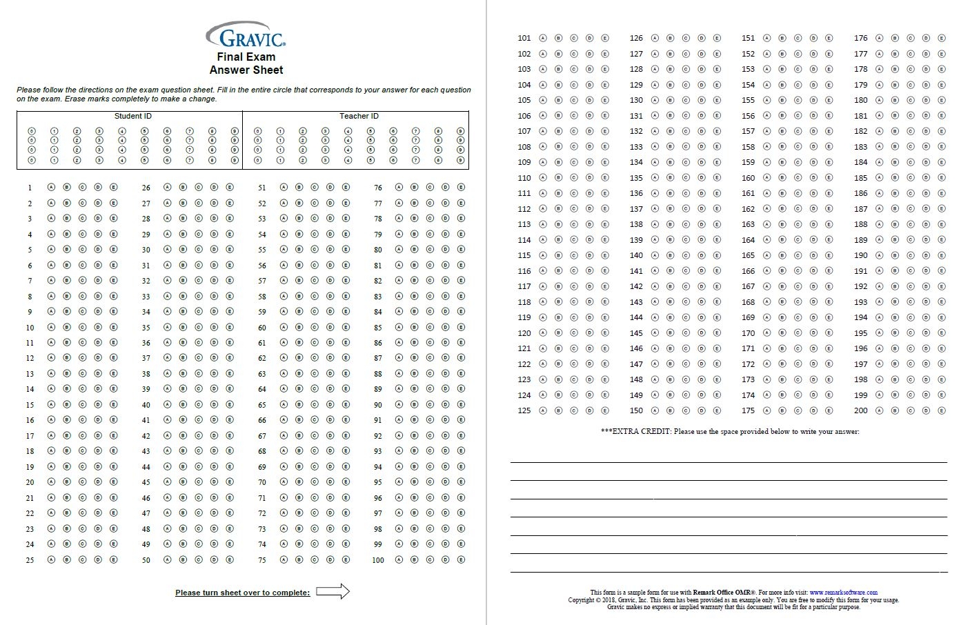 200 Question Test Answer Sheet With Extra Credit And Grid ID Remark Software