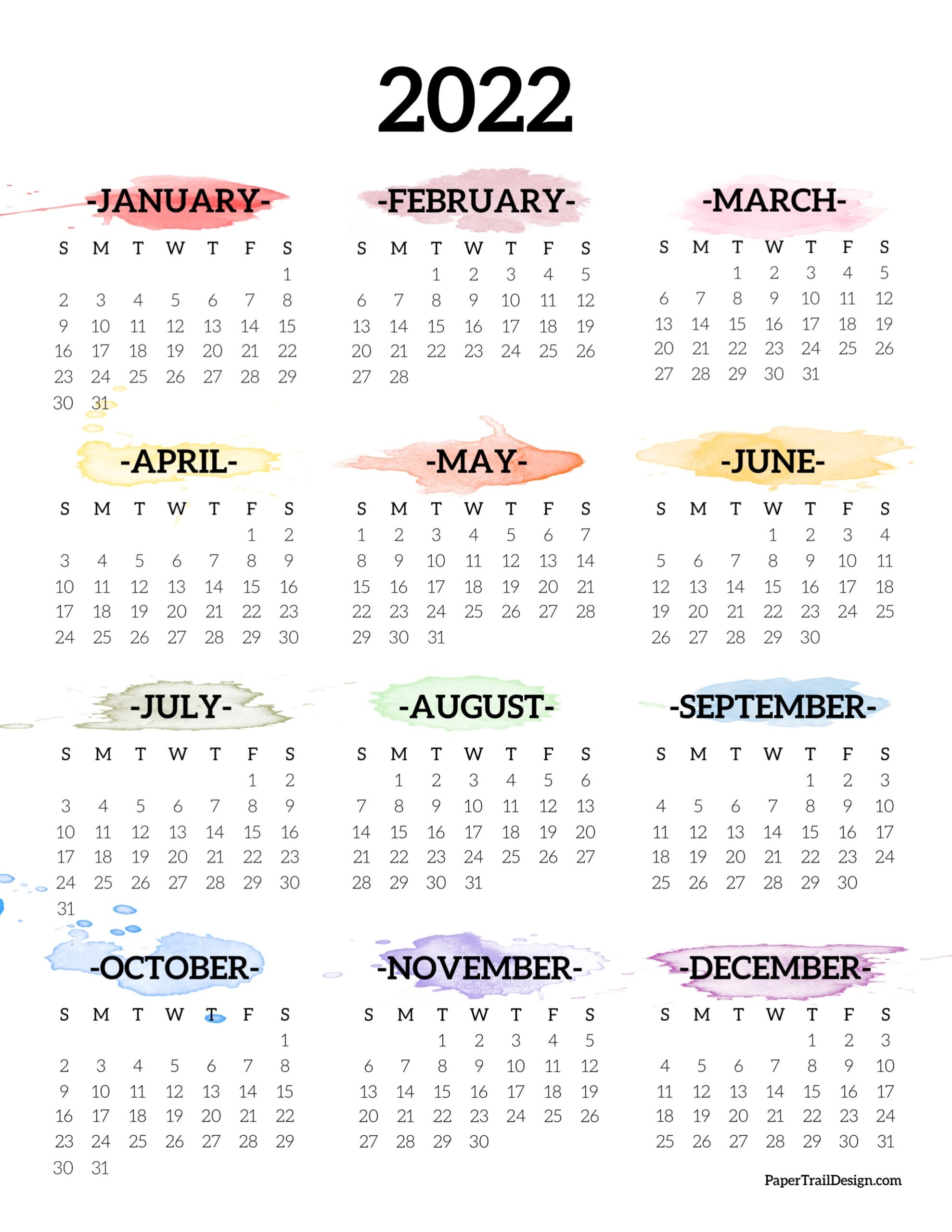 2022 One Page Calendar Printable Watercolor Paper Trail Design