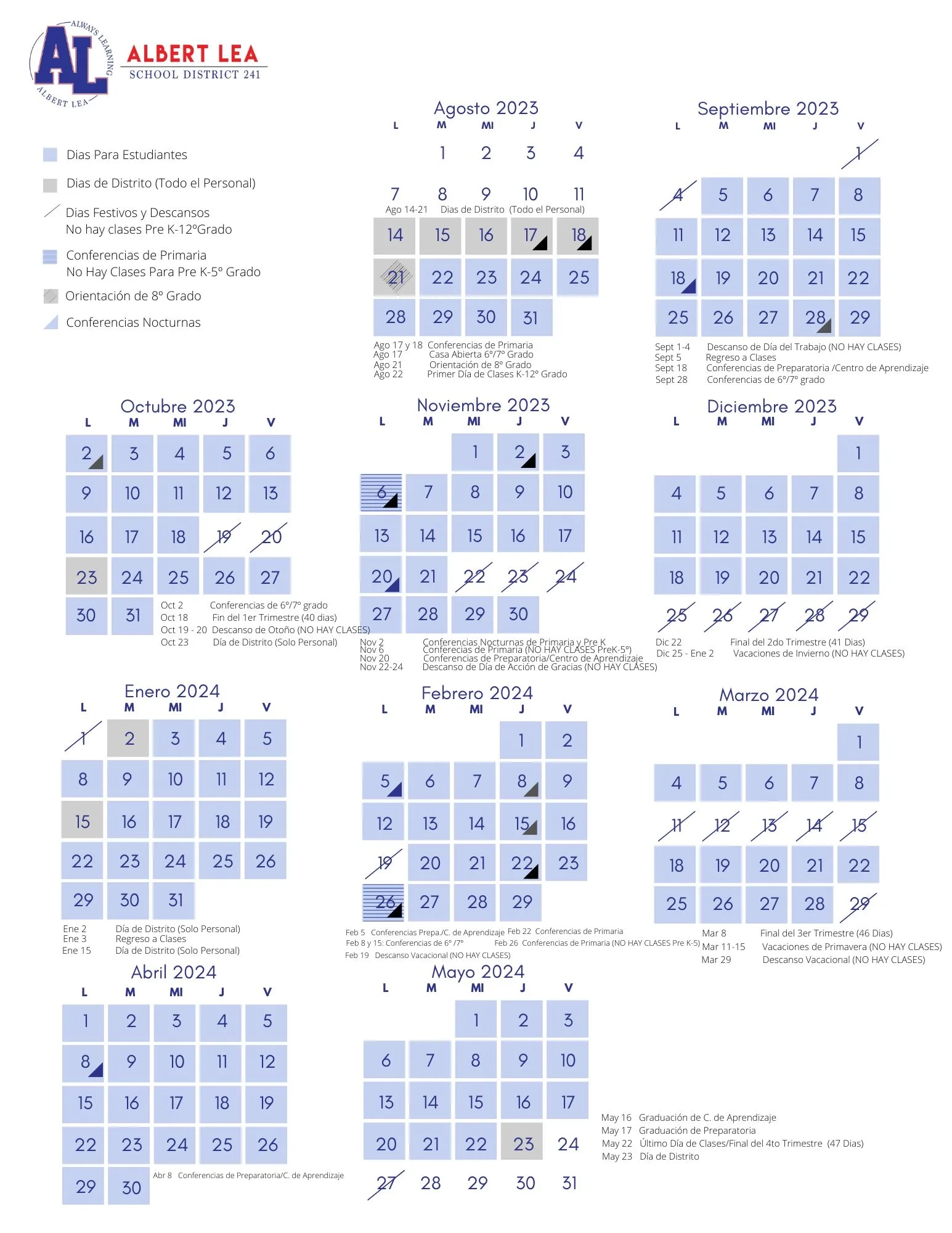 2023 2024 District Calendar Spanish Albert Lea Area Schools