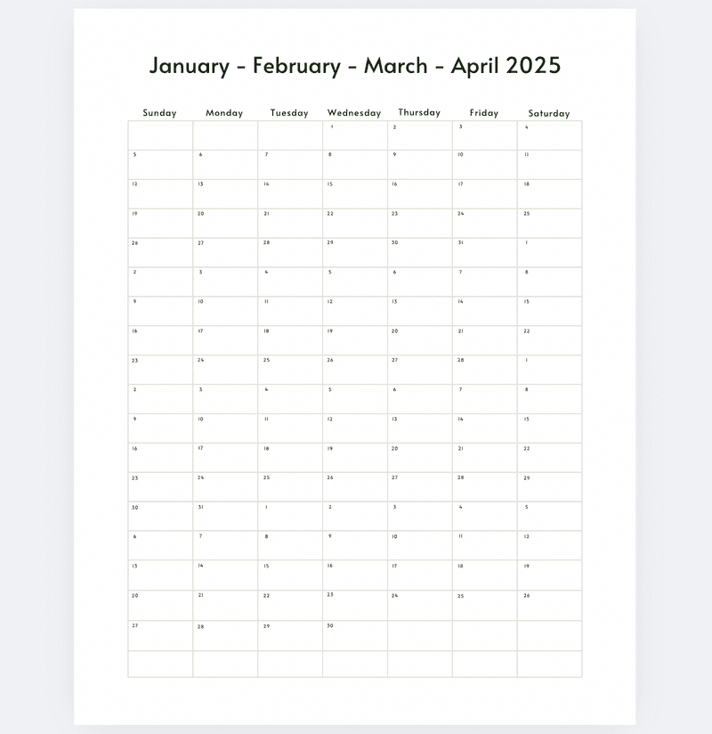 2024 4 Month Calendar January April