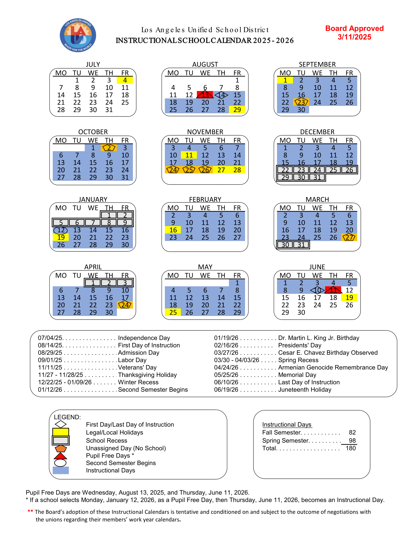2025 2026 Instructional Calendar Westwood Charter Elementary