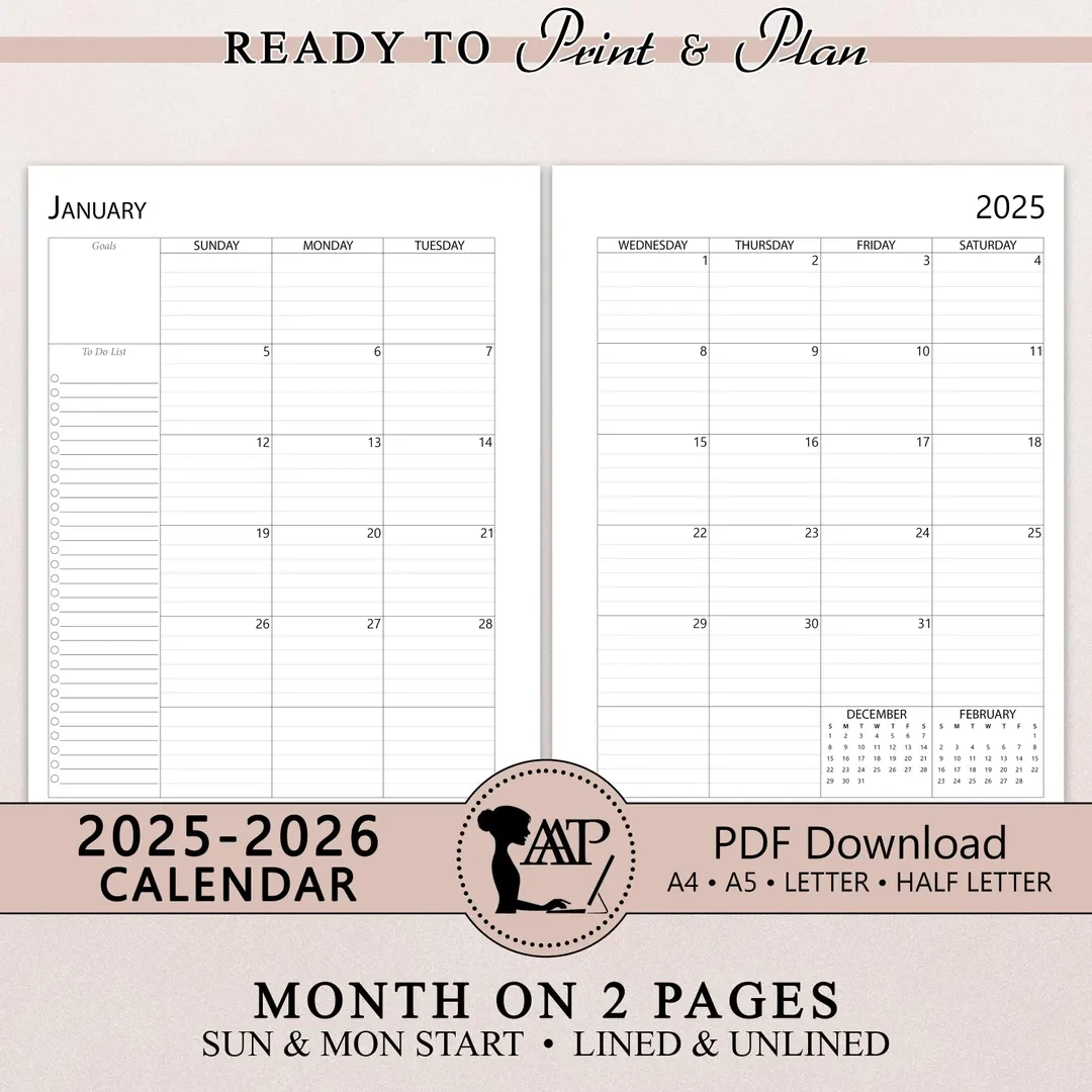 2025 2026 Monthly Calendar Printable Two 2 Page Lined Unlined Planner Insert Sunday Monday Start A4 A5 Letter Half Size PDF CLP01 02 Etsy