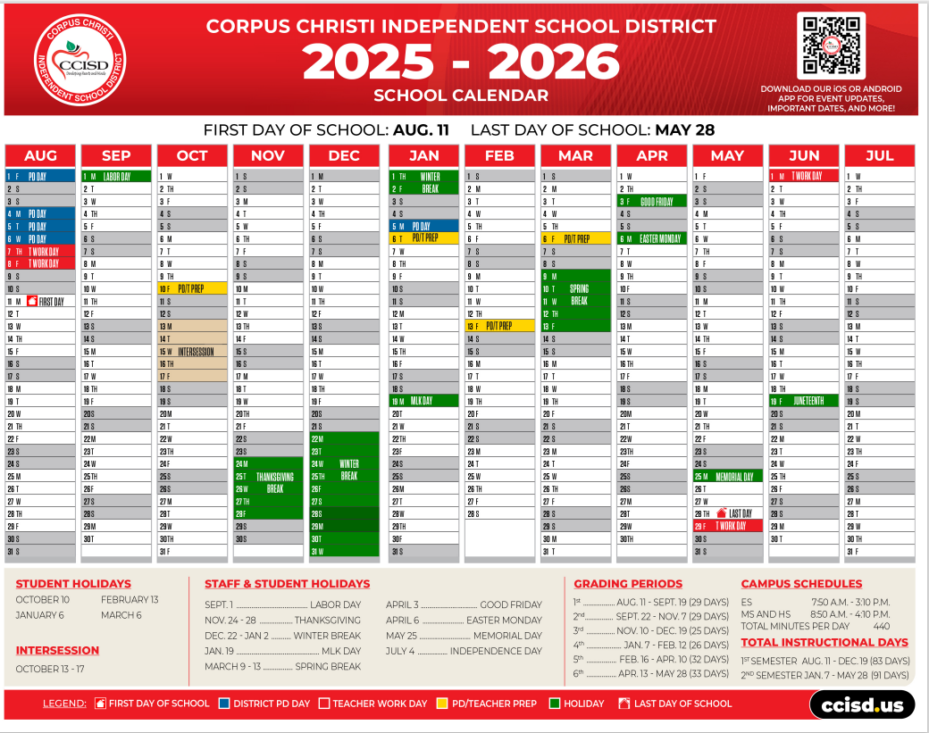 2025 2026 School Calendar William B Travis Elementary School