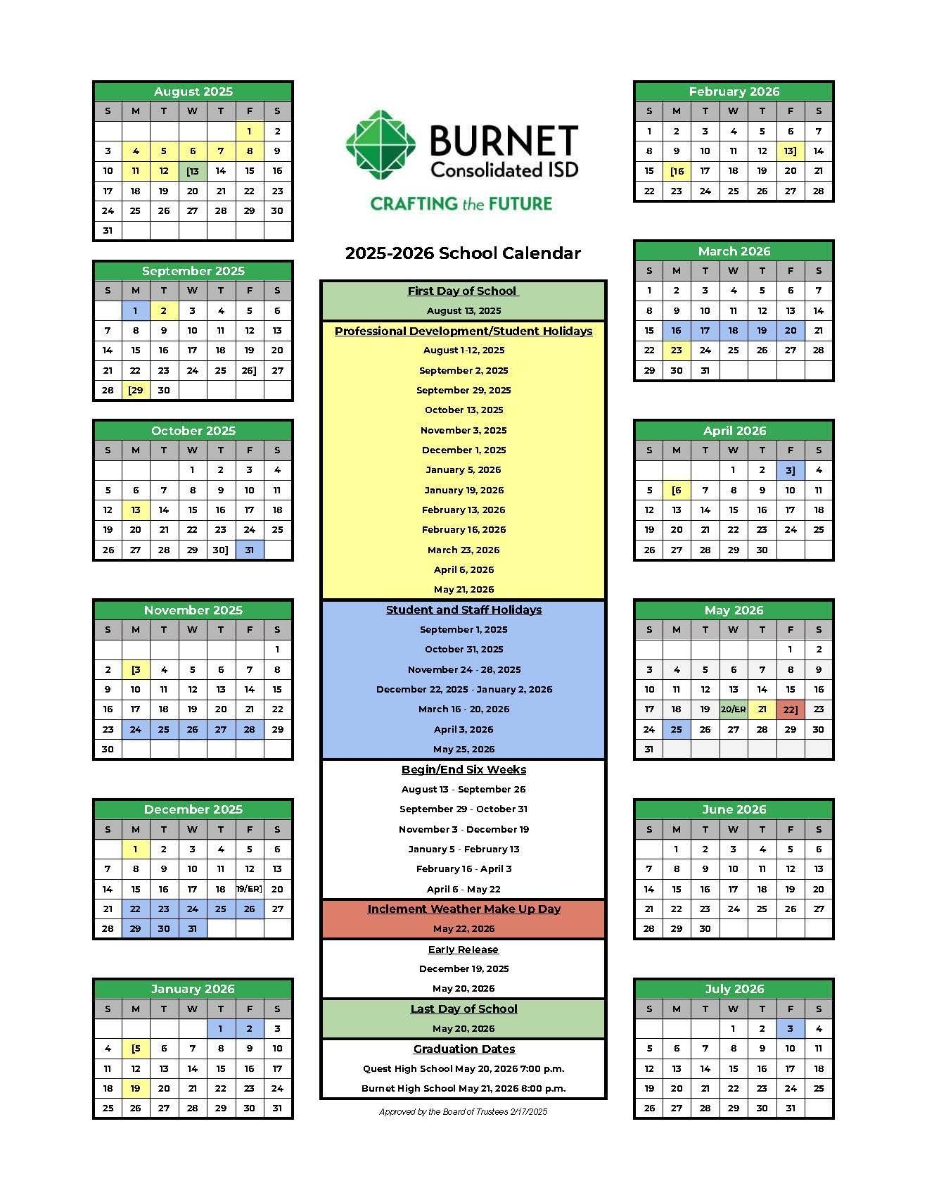 2025 2026 School Year Calendar District Burnet Consolidated ISD
