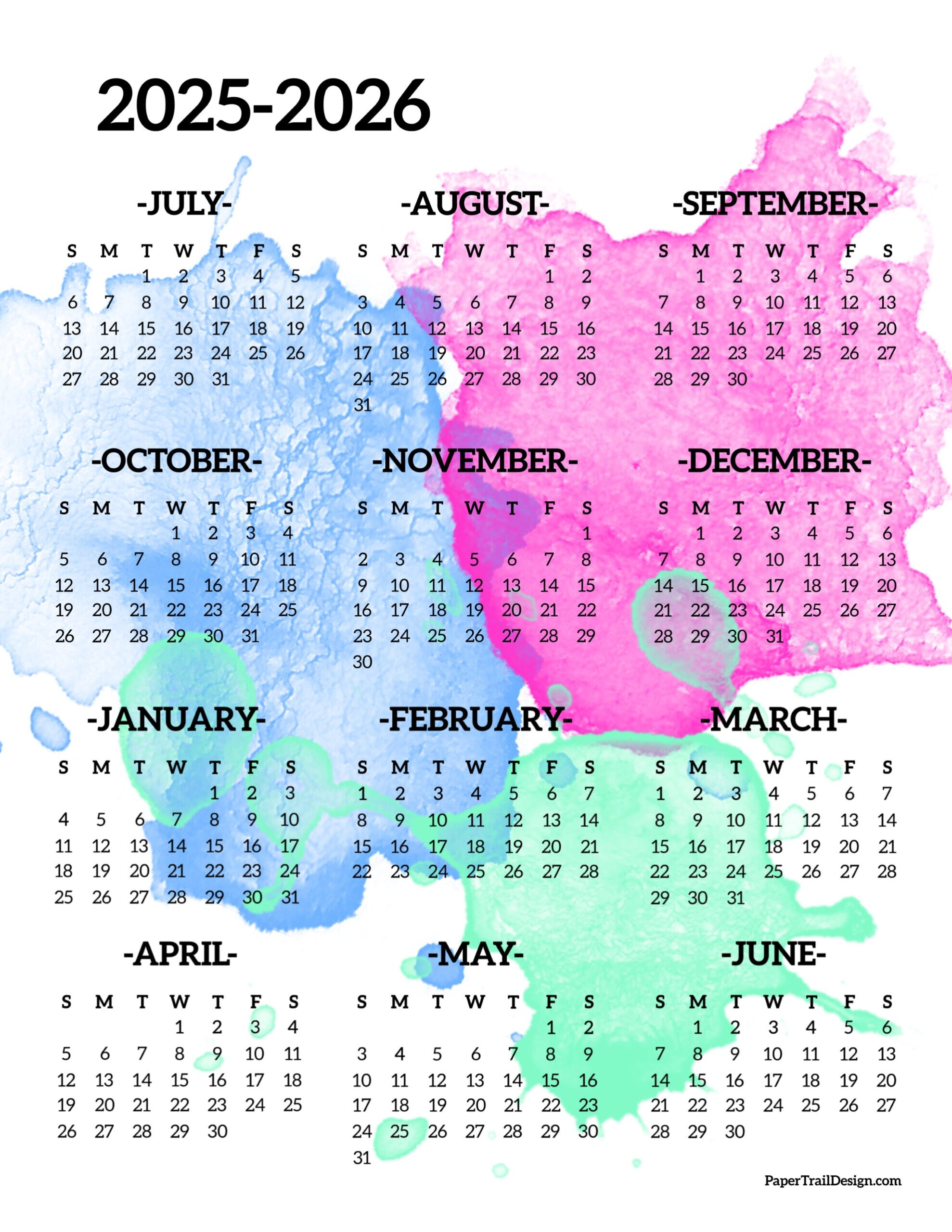 2025 2026 School Year Calendar Free Printable Paper Trail Design