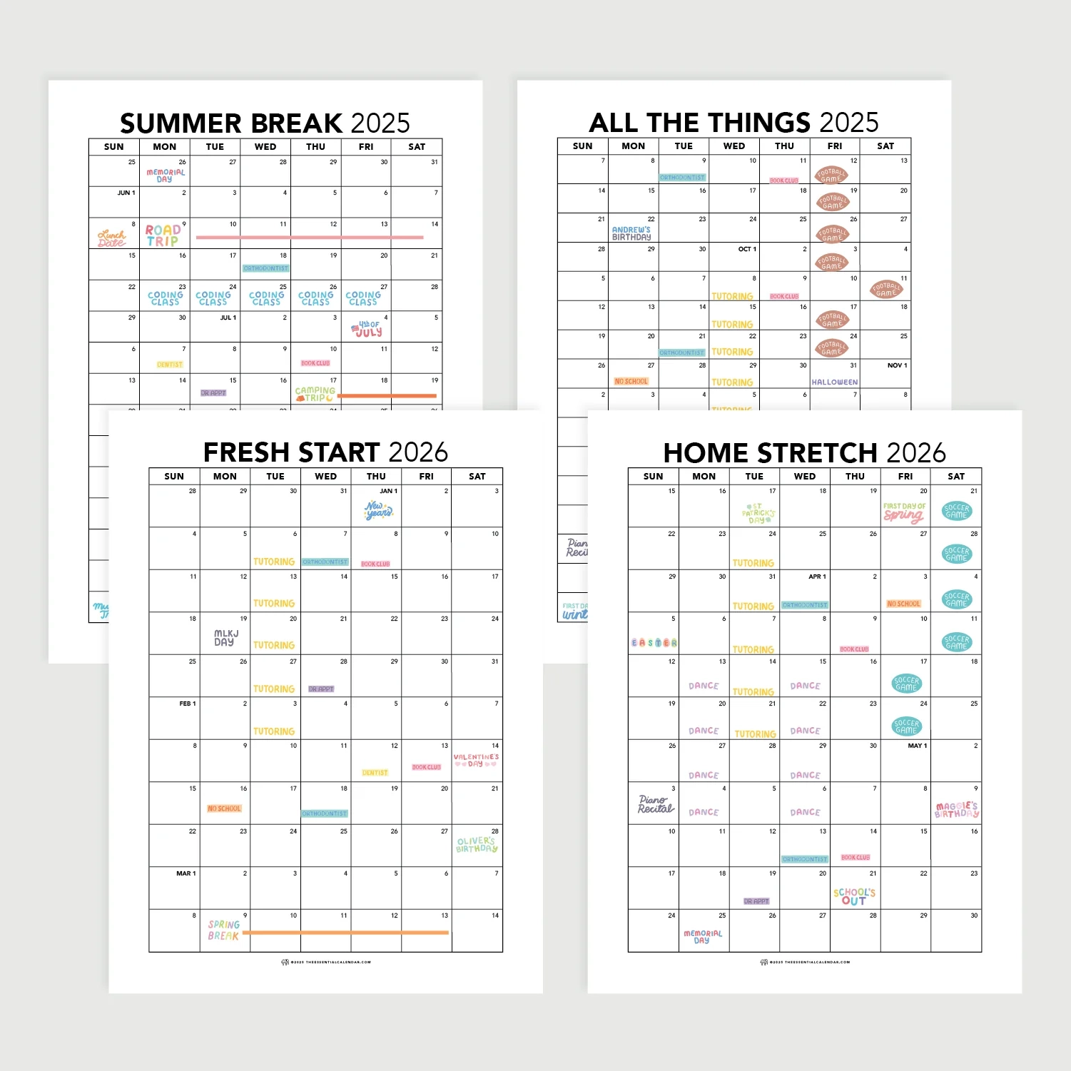 2025 2026 The Essential Family Calendar Sunday start The Essential Calendar