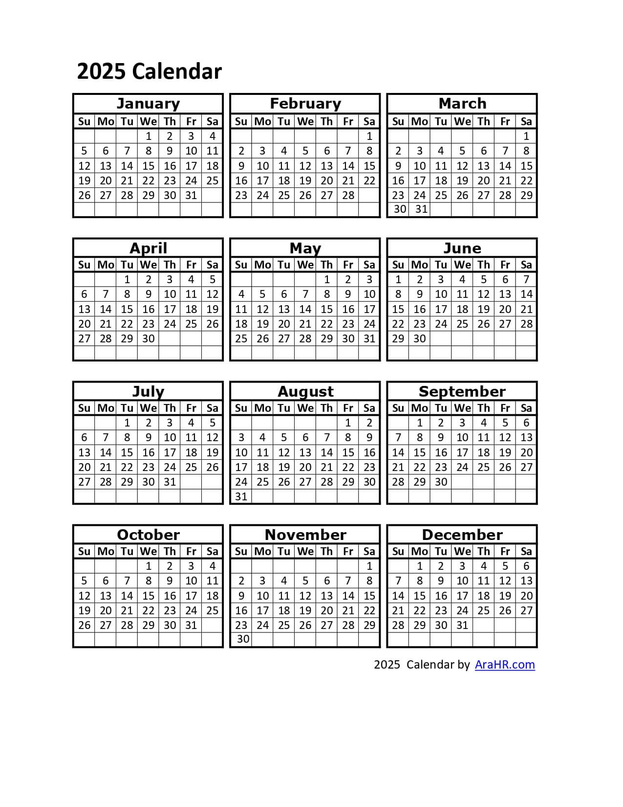 2025 Calendar Yearly Monthly Free Printable Template Excel PDF Image