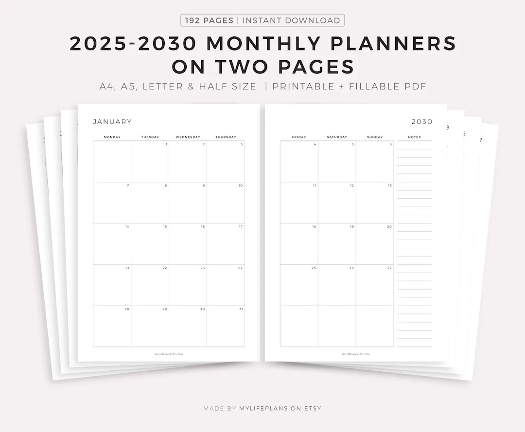 2026 2030 Monthly Calendars On Two Pages With Notes Printable Calendar Template PDF Year Calendar Monday sunday Start A4 a5 letter half Etsy