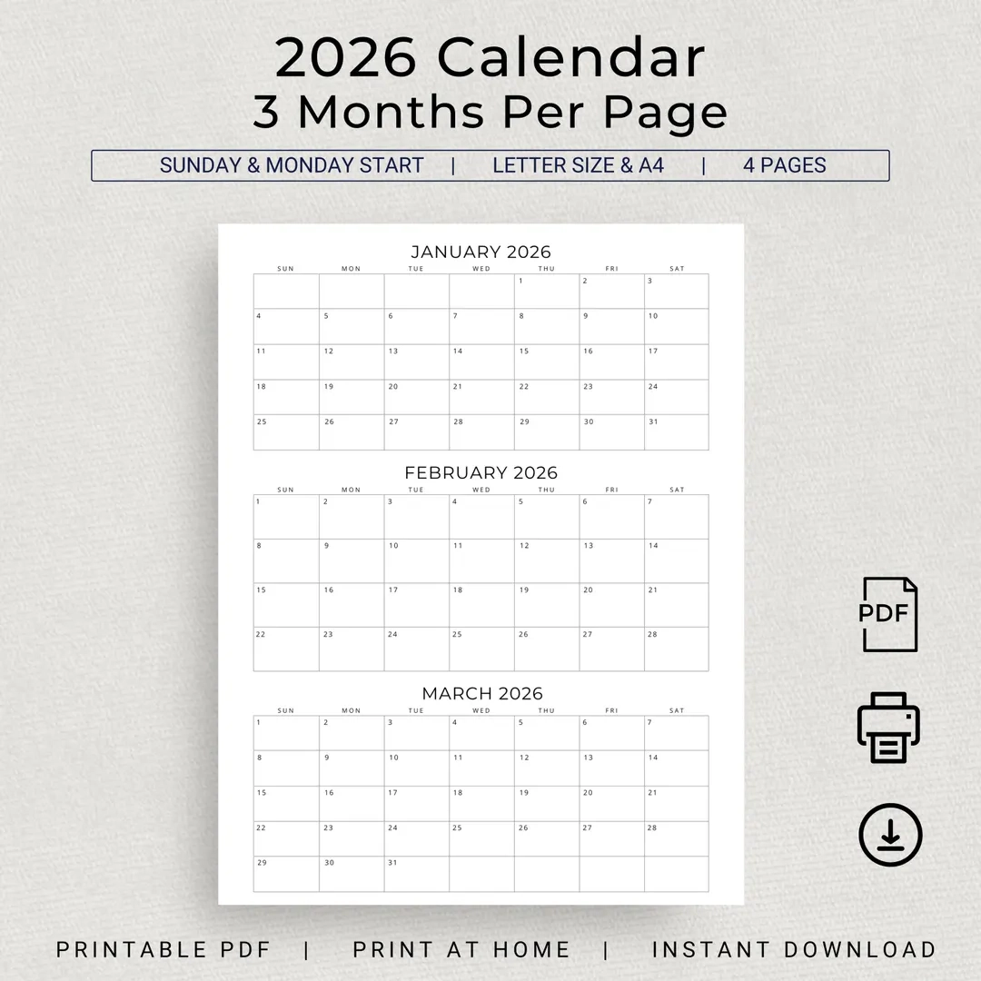 2026 Calendar 2026 3 Months Per Page Calendar Monthly Calendar Planner Printable Quarterly Office Planner 2026 Desk Planner Wall Calendar Etsy