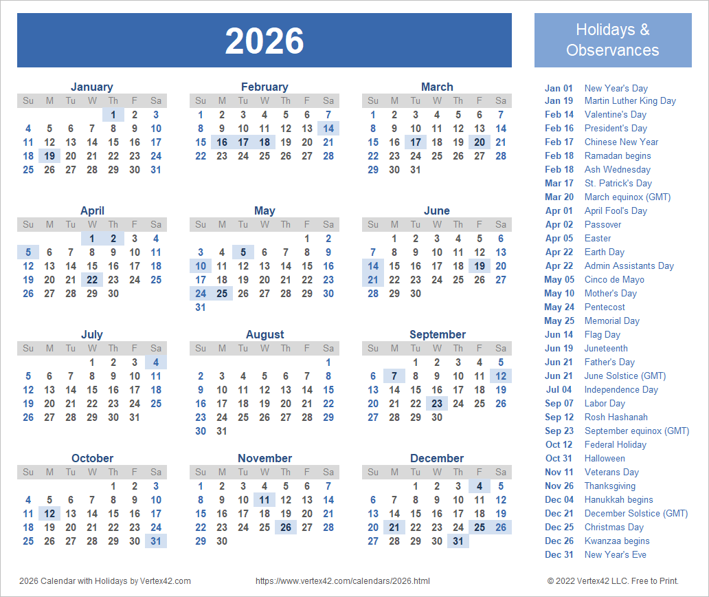 2026 Free Printable Calendar With Holidays