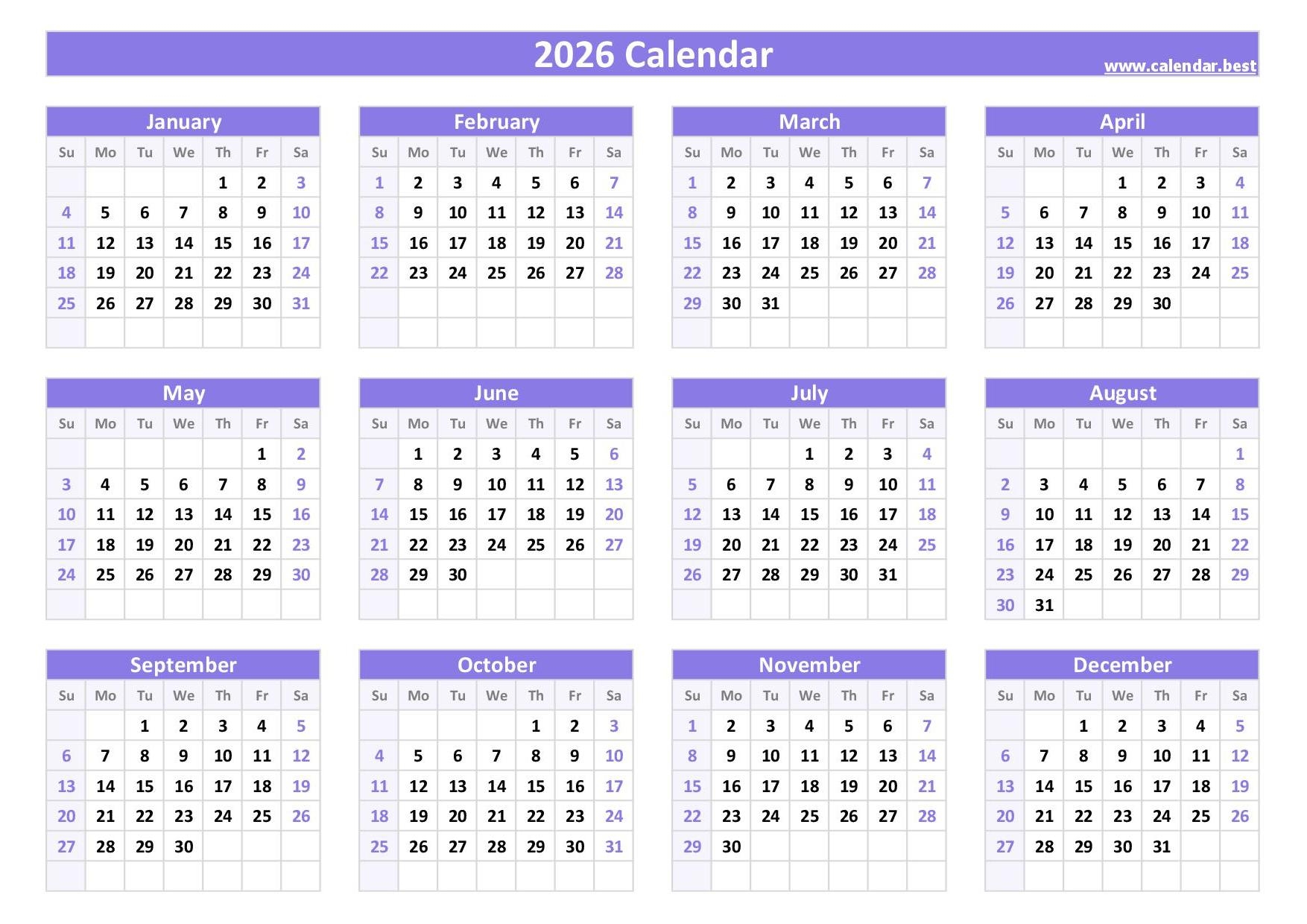 2026 Calendar Printable Free Download