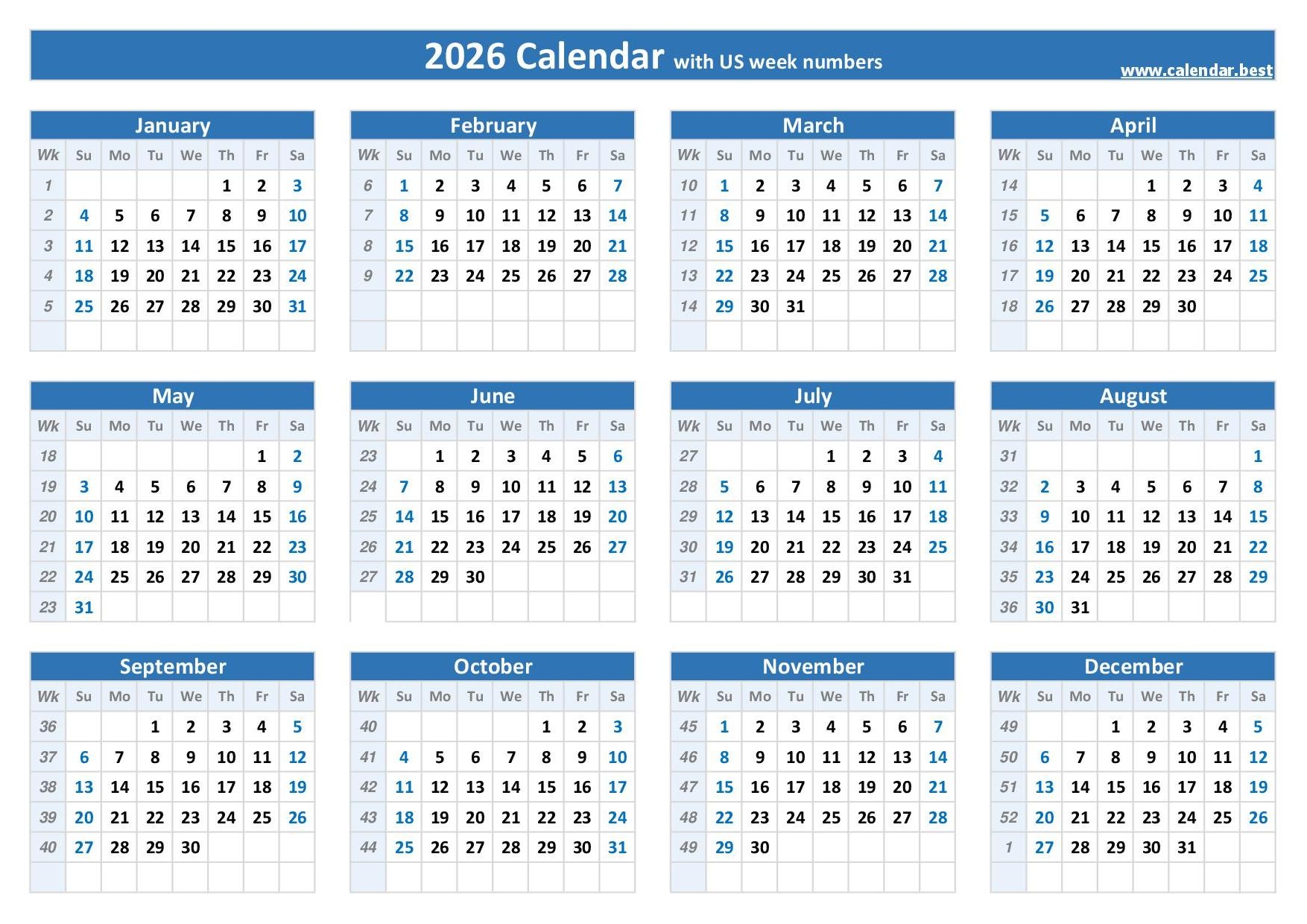 Calendar Weeks 2026 Printable