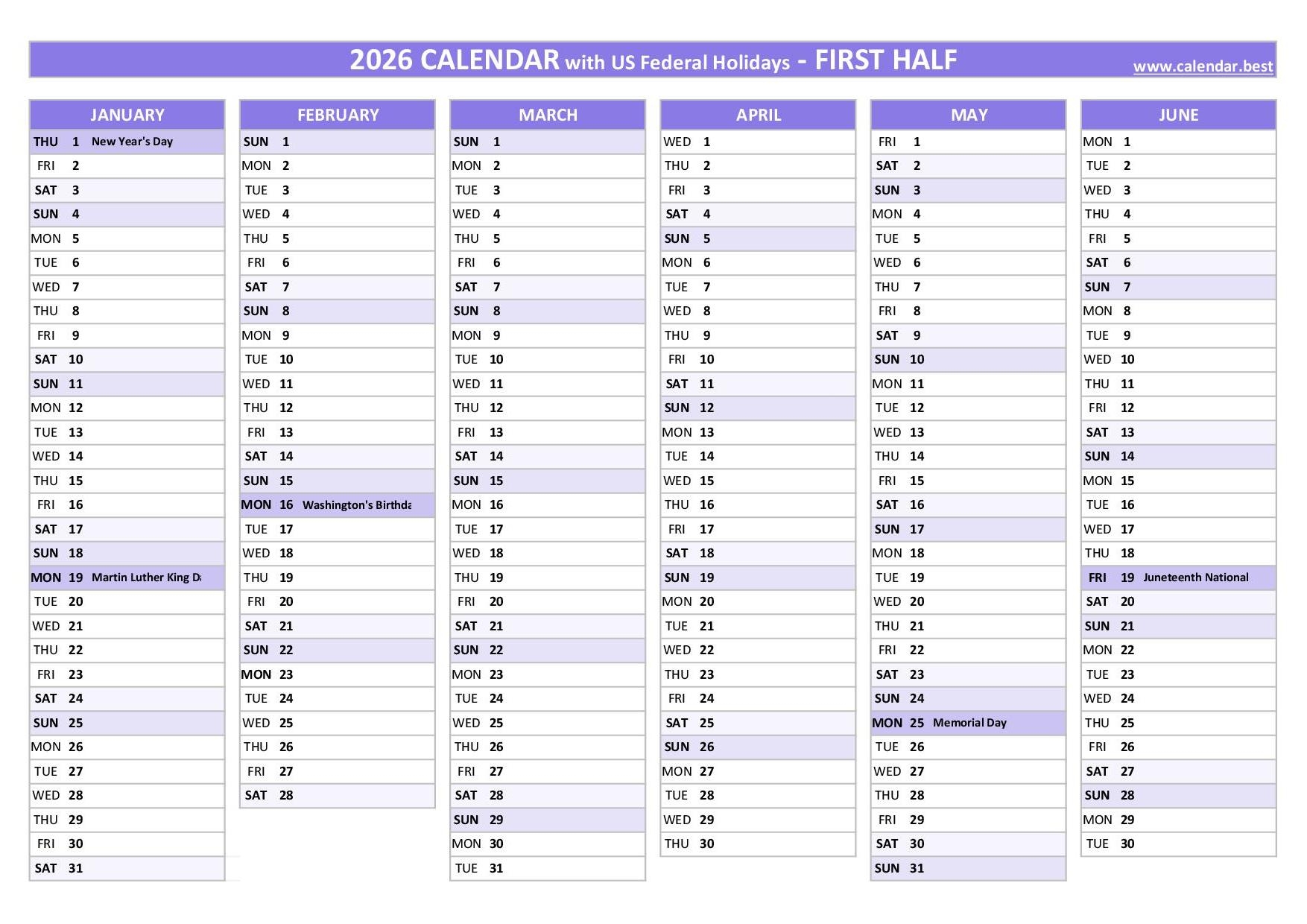 2026 Half Year Calendar To Print