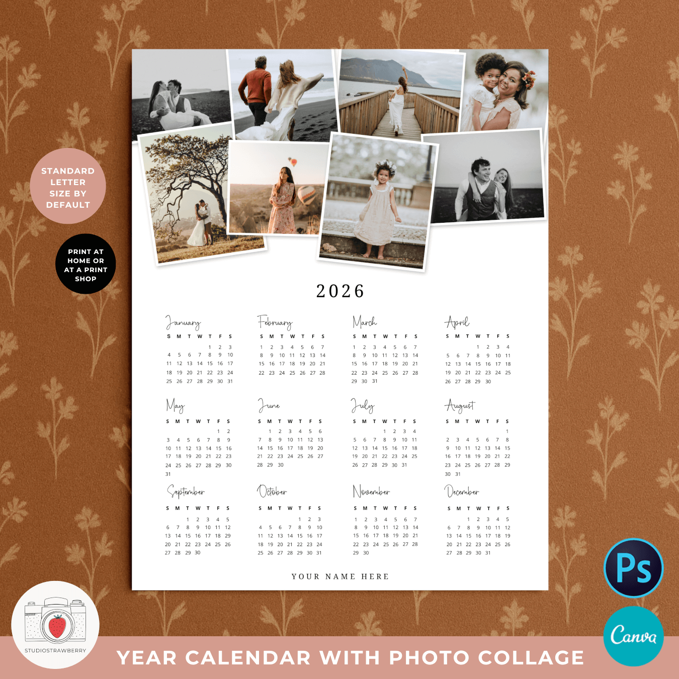 2026 Photo Calendar Template With Stacked Picture Collage Strawberry Kit
