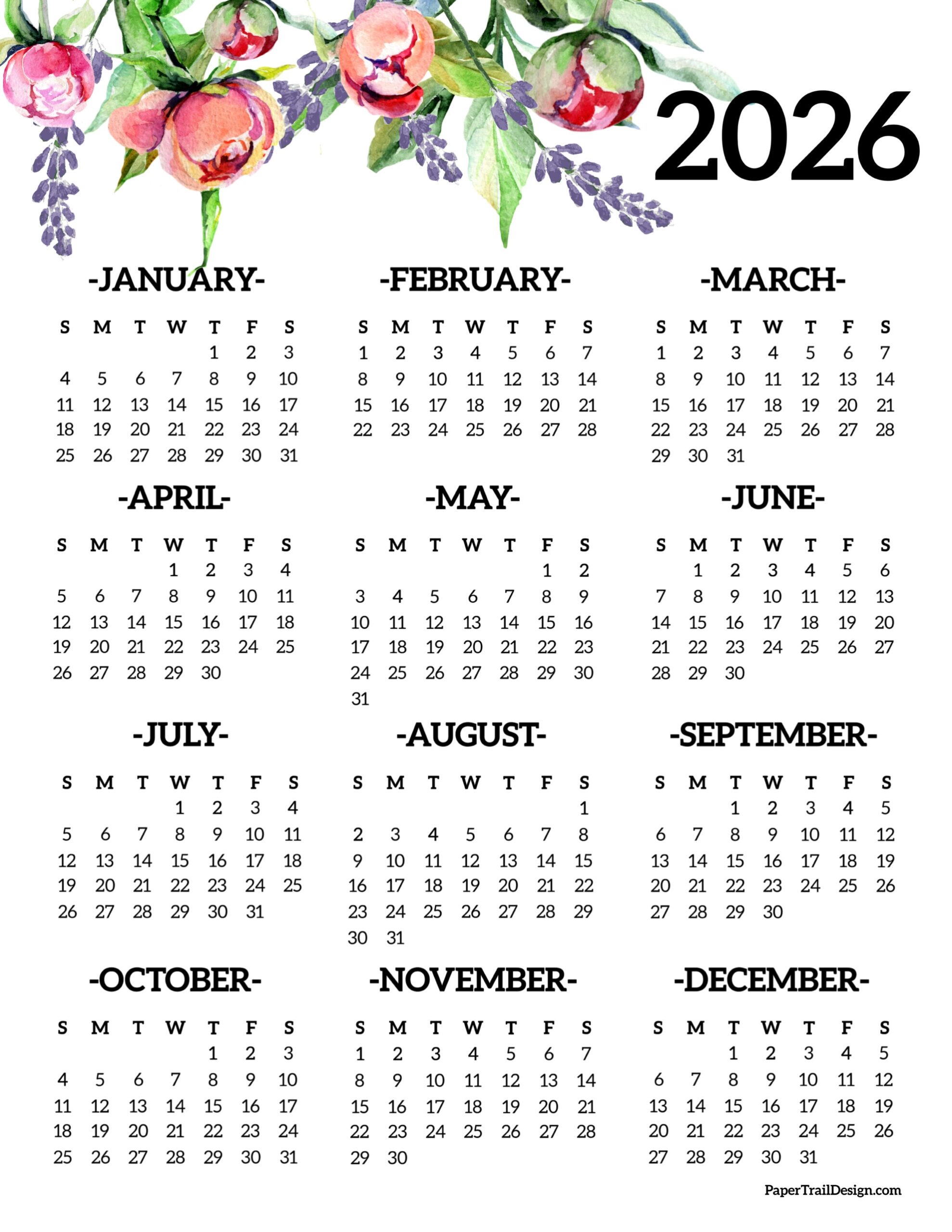2026 Printable Calendar One Page Paper Trail Design