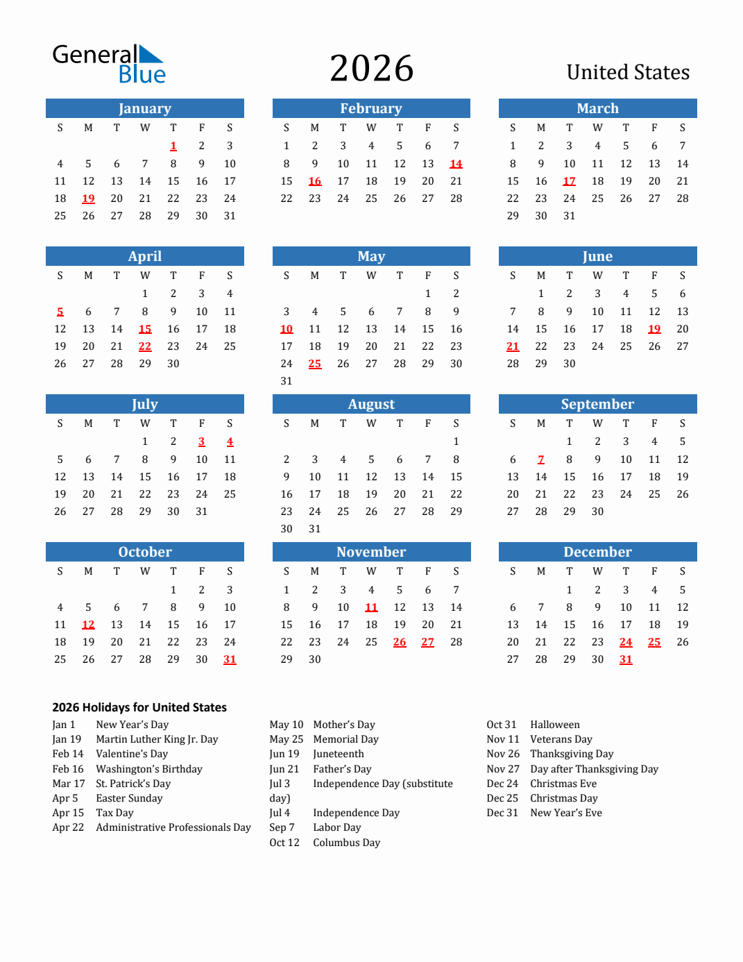 2026 United States Calendar With Holidays Monday Start 