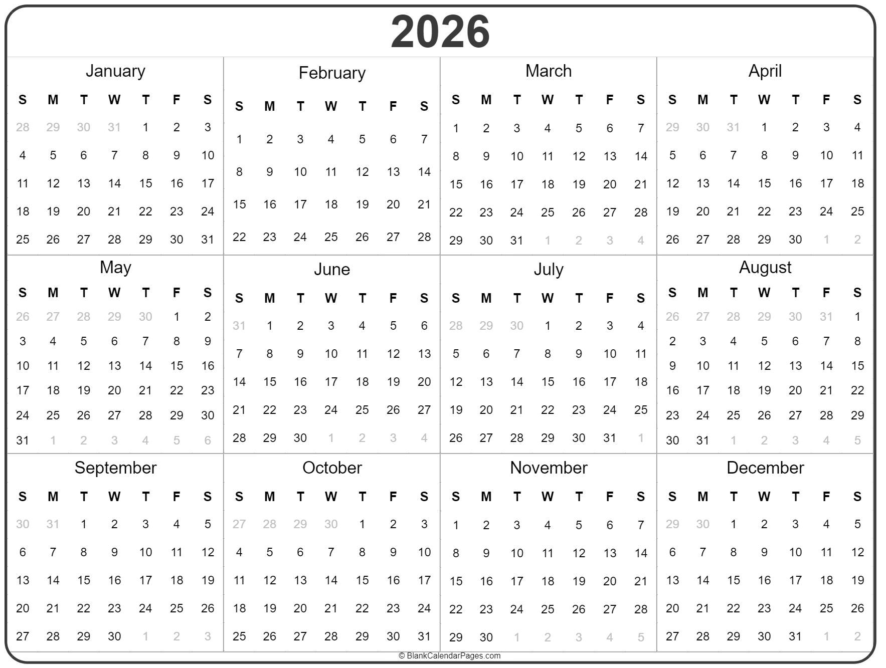 Annual Calendar Printable 2026