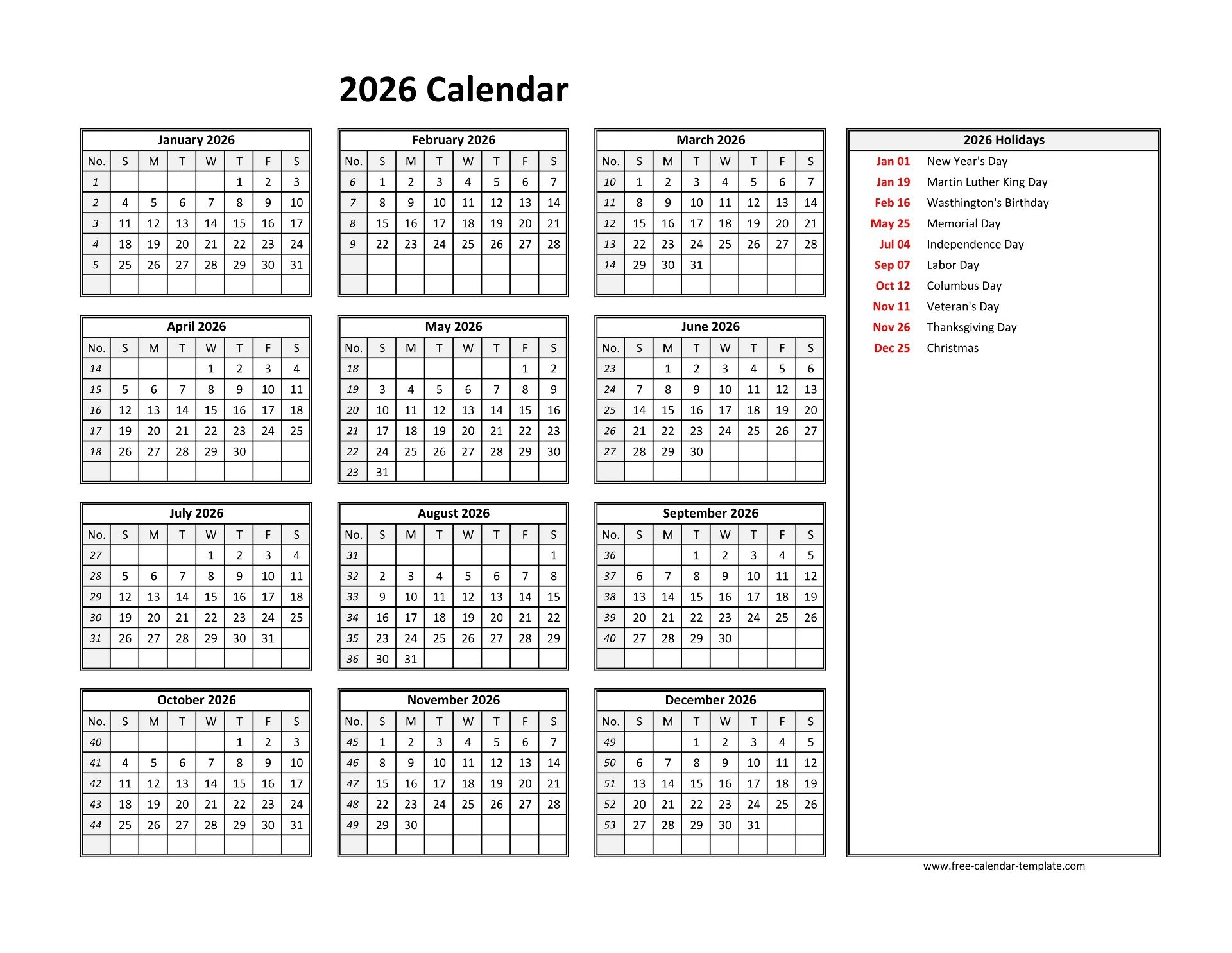 2026 Calendar Printable Horizontal