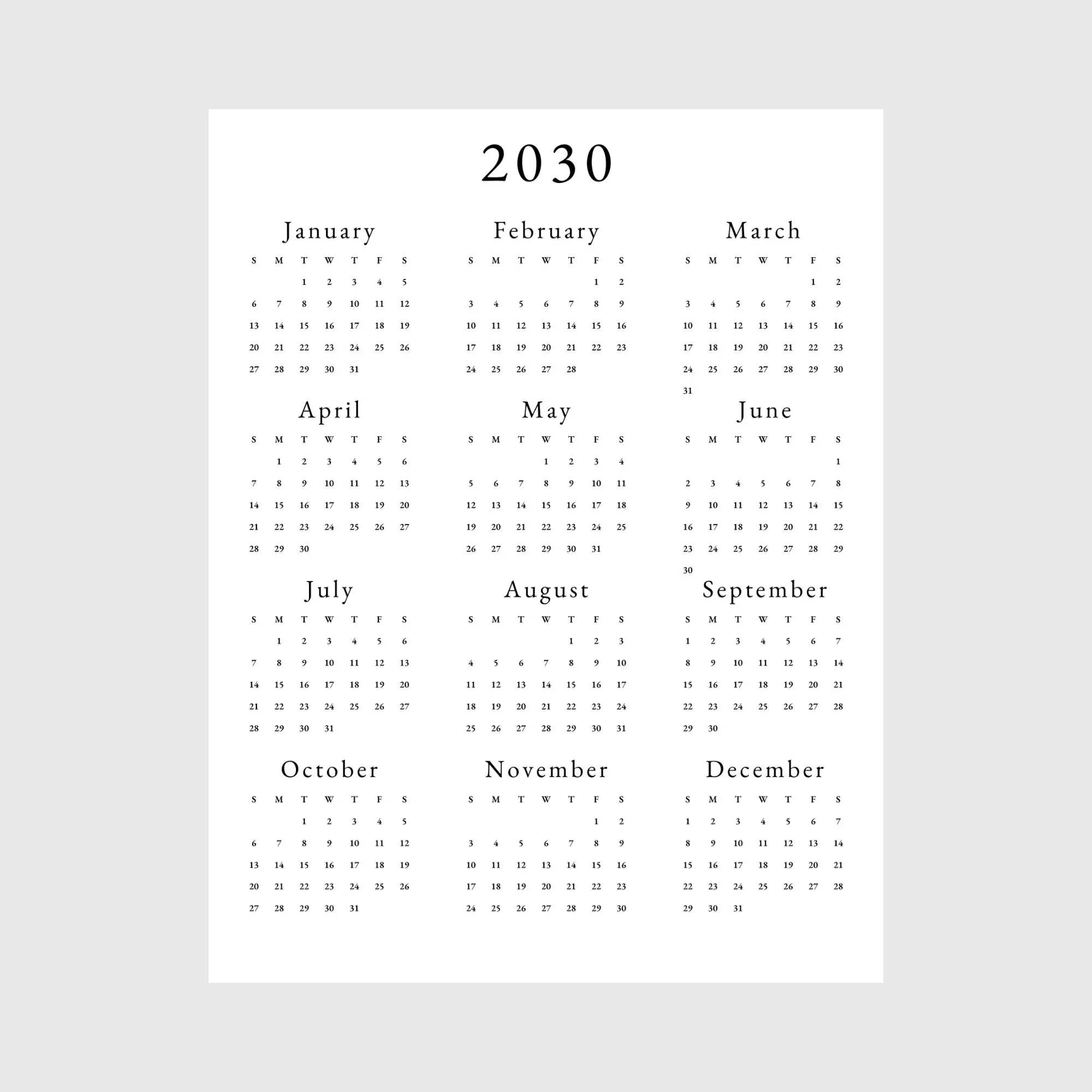Mini Monthly Calendar Printable 2030 Monthly