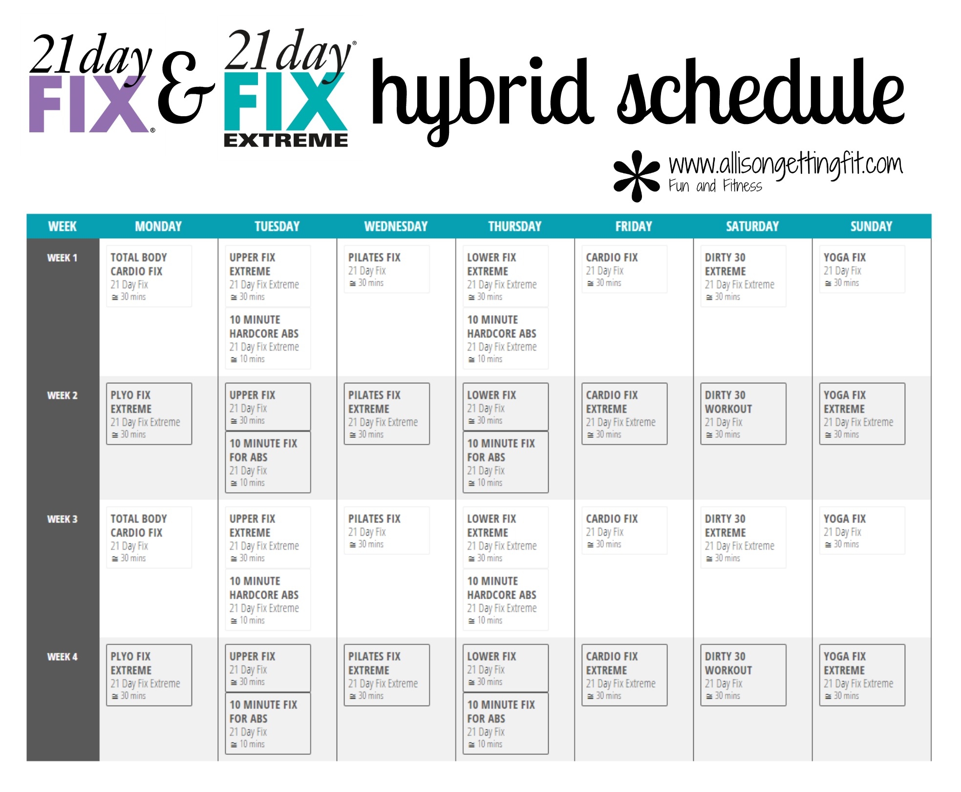 21 Day Fix Extreme Calendar Printable