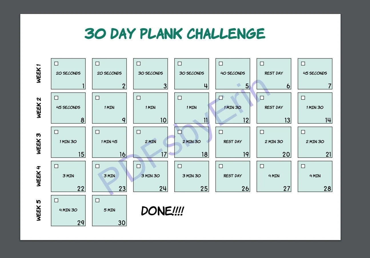 30 Day Plank Challenge Calendar Printable PDF Fitness Checklist Etsy Israel