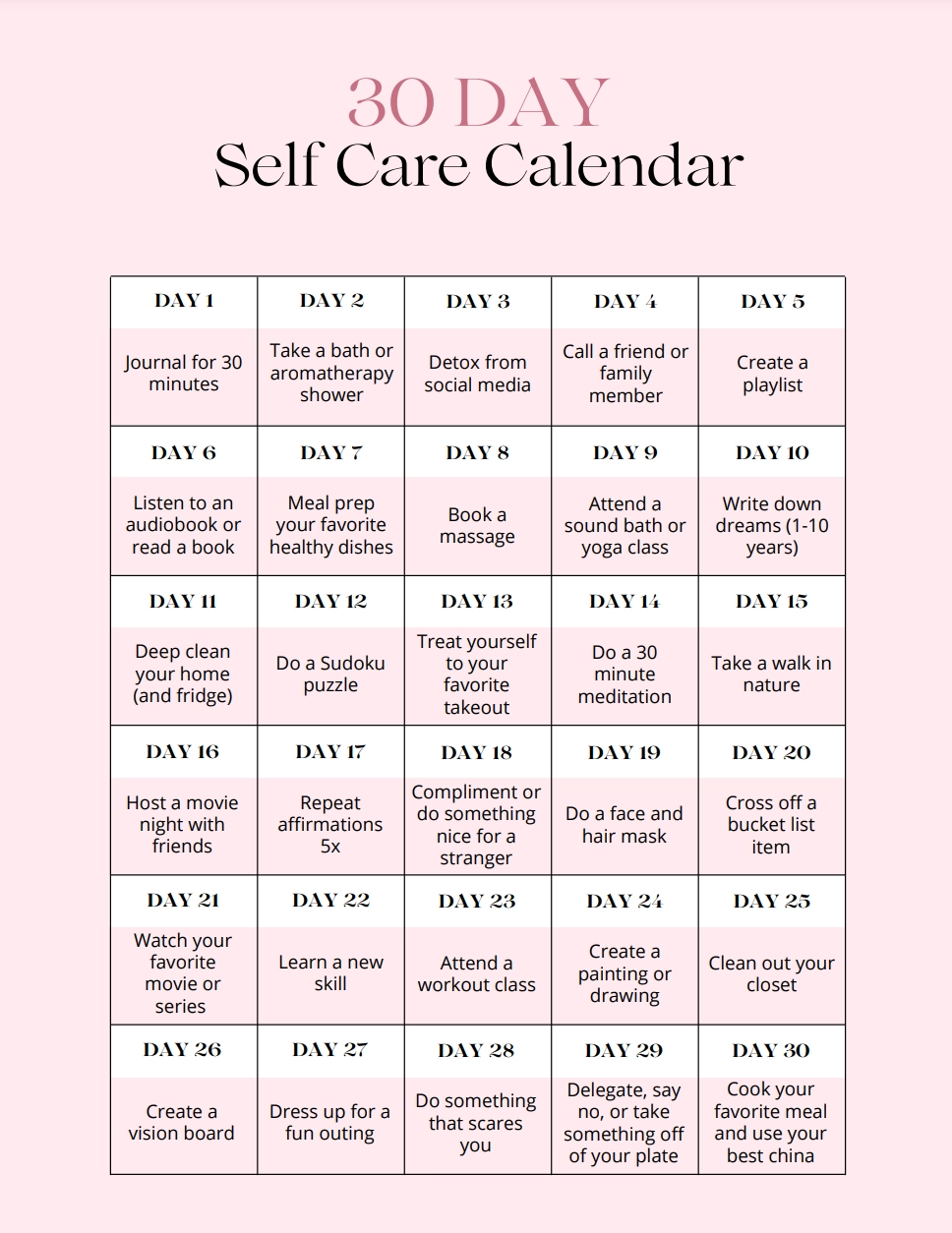 Printable Self Care Calendar
