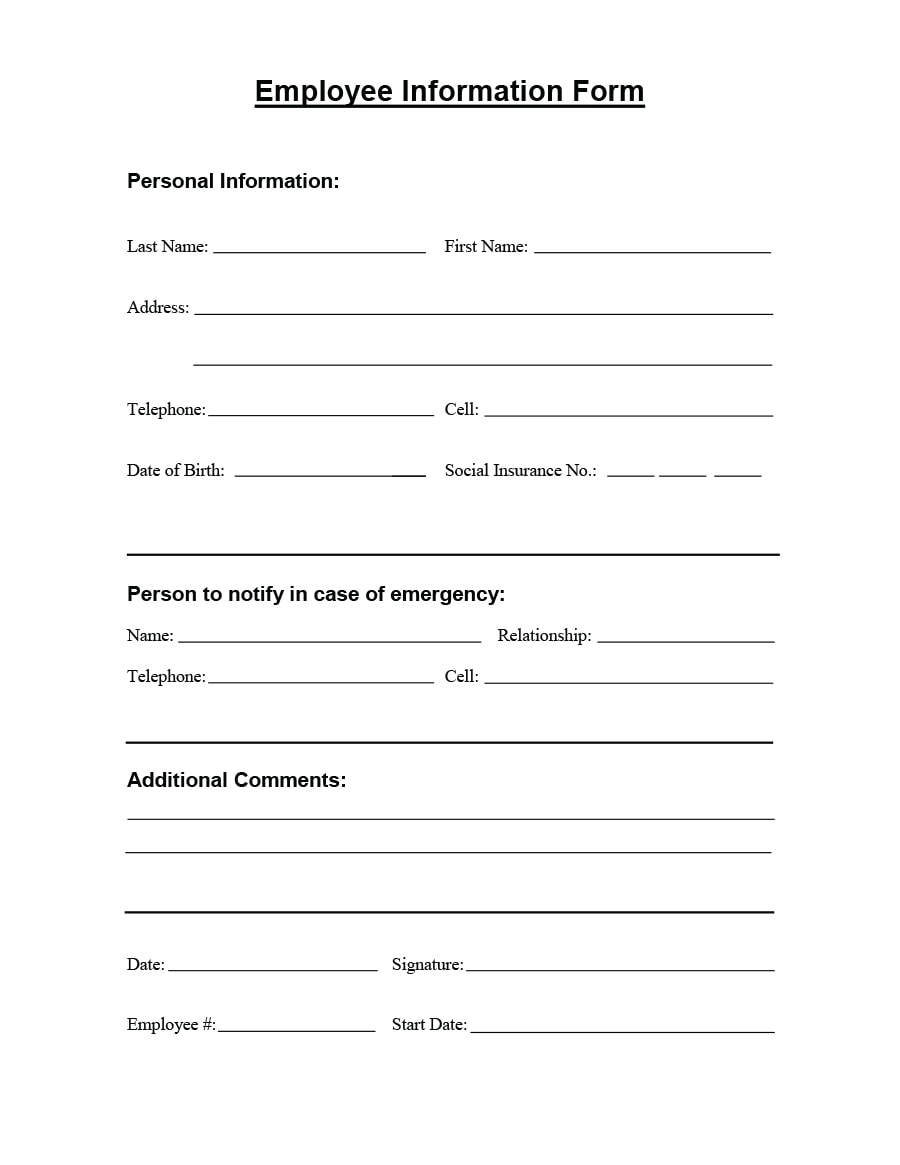 Printable Personal Data Sheet