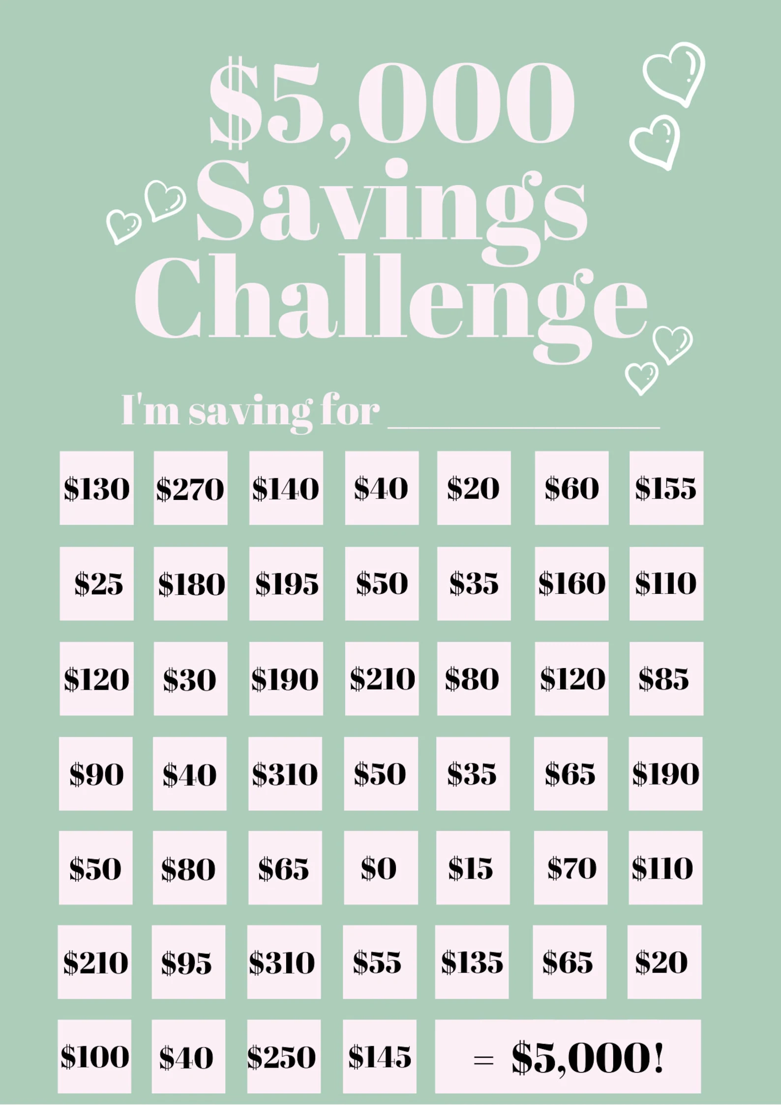 5 Savings Challenge Free Printable Printable Party Favors