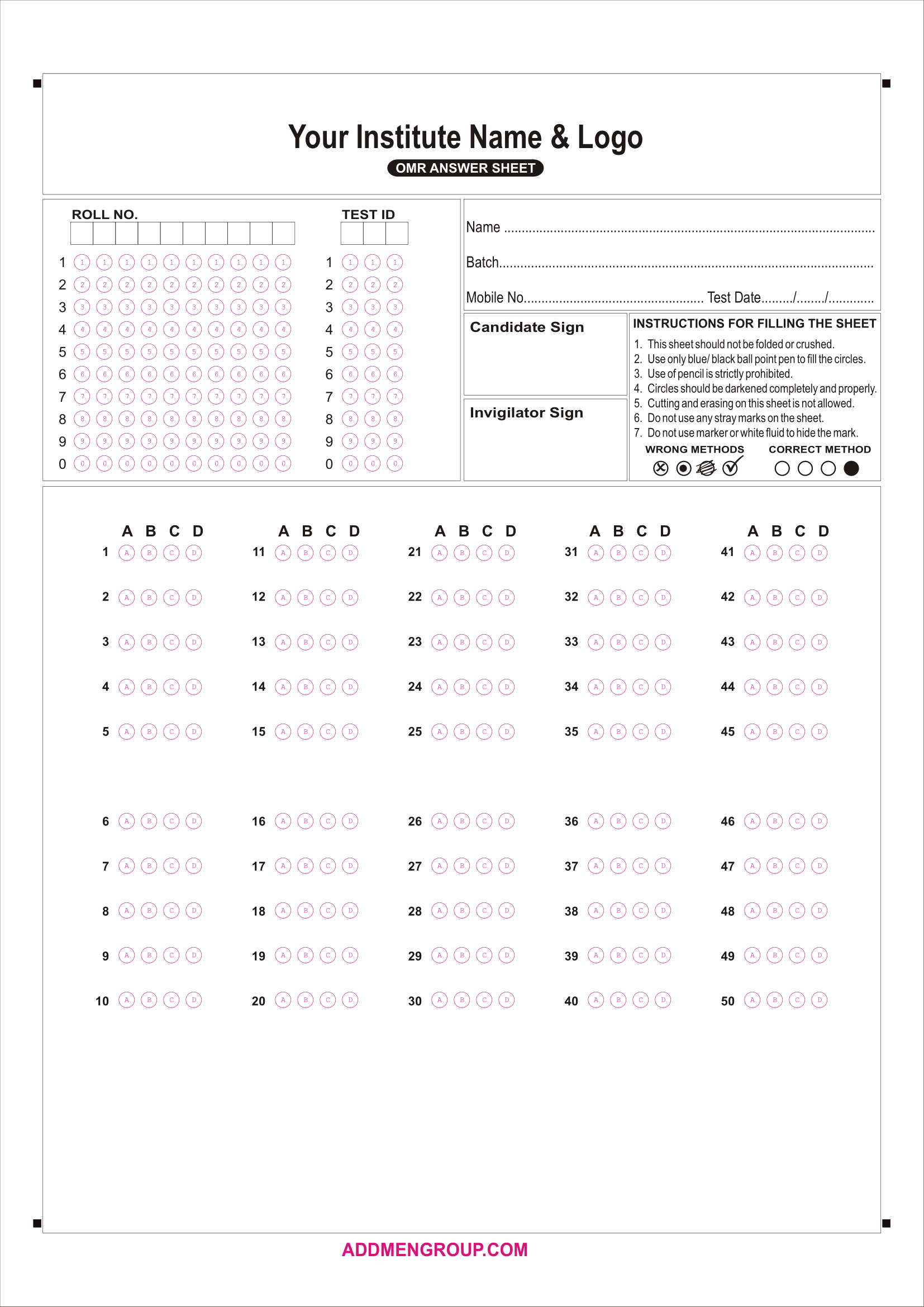 50 Question OMR Sheet Sample