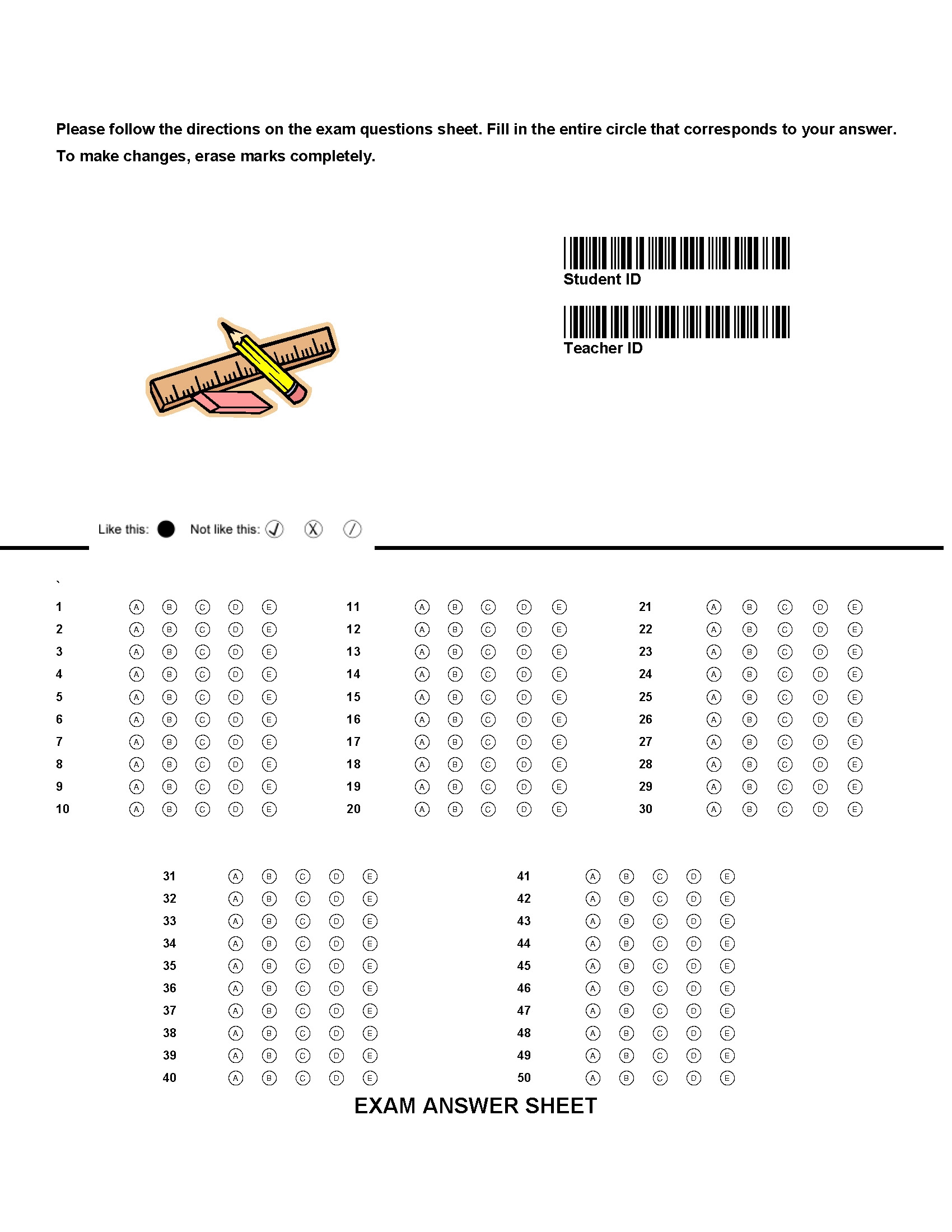 50 Question Test Answer Sheet With Barcode Remark Software