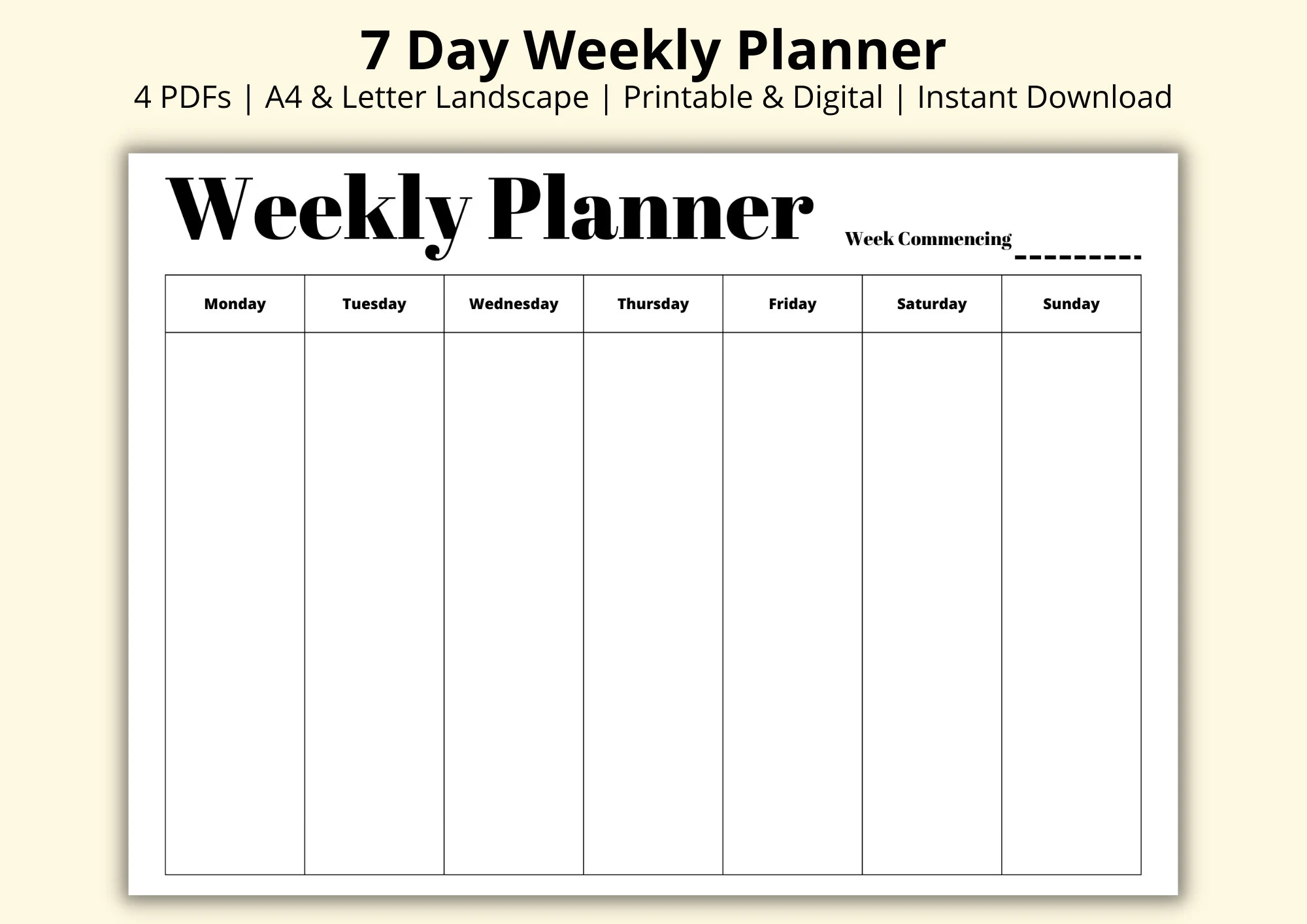 7 Day Weekly Planner Simple Weekly Overview Week At A Glance Weekly To Do List Landscape horizontal Digital printable A4 letter Etsy