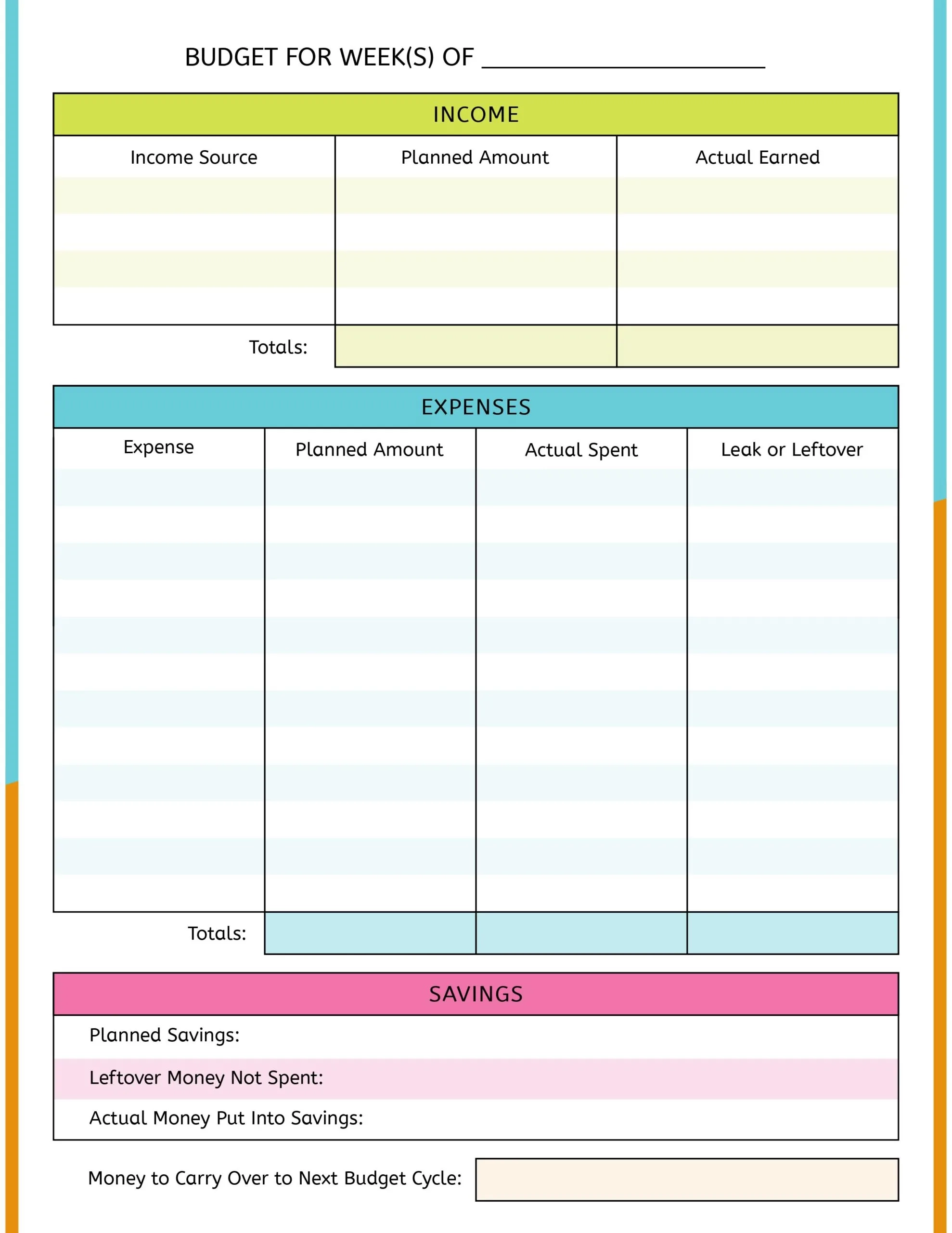 Printable Budget Sheets For Young Adults