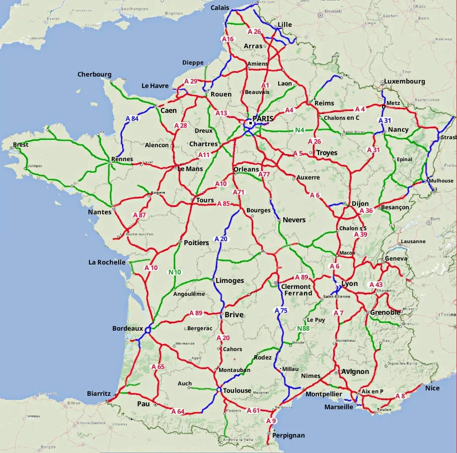 A Route Map Of France With Motorways Main Roads About France