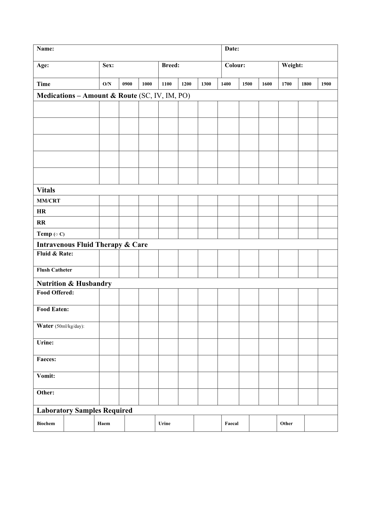 Aaha Printable Veterinary Hospitalization Treatment Sheet