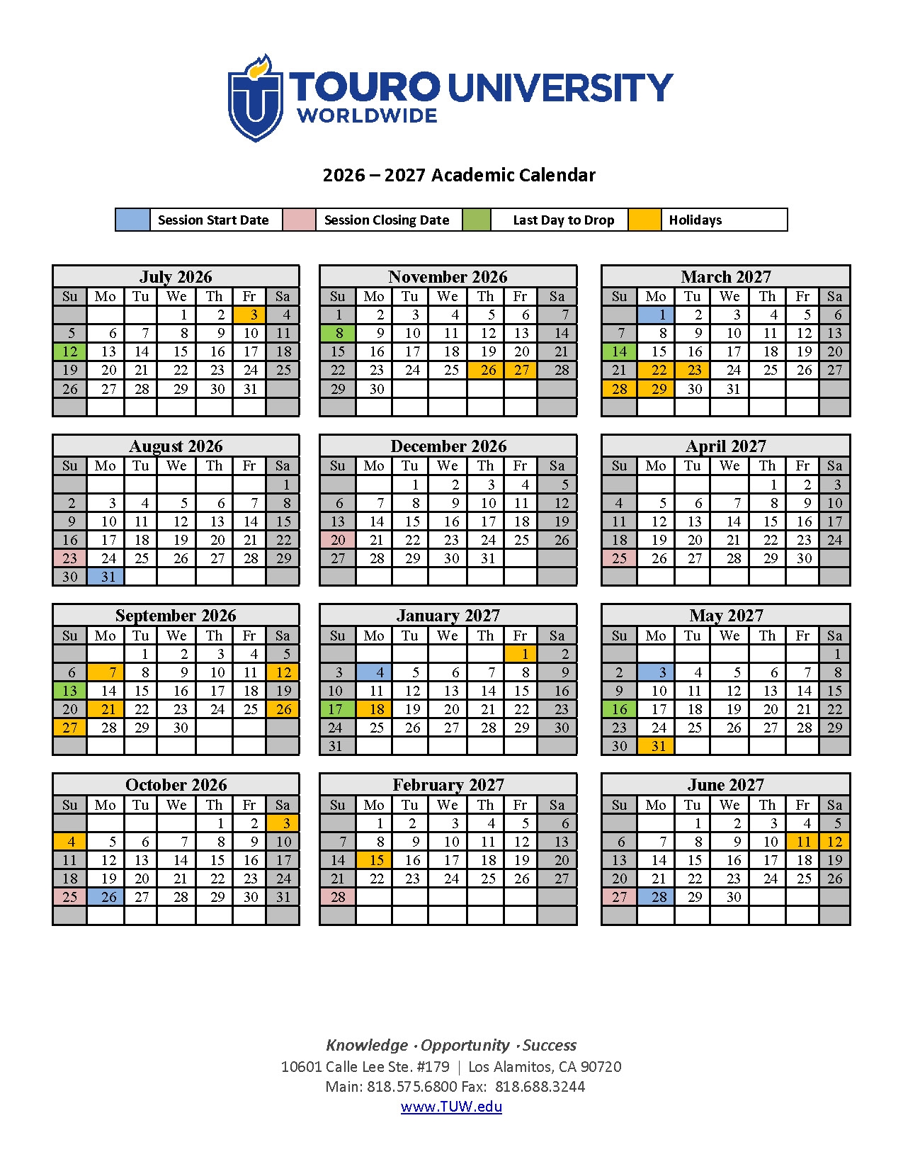 Academic Calendar Touro University Worldwide