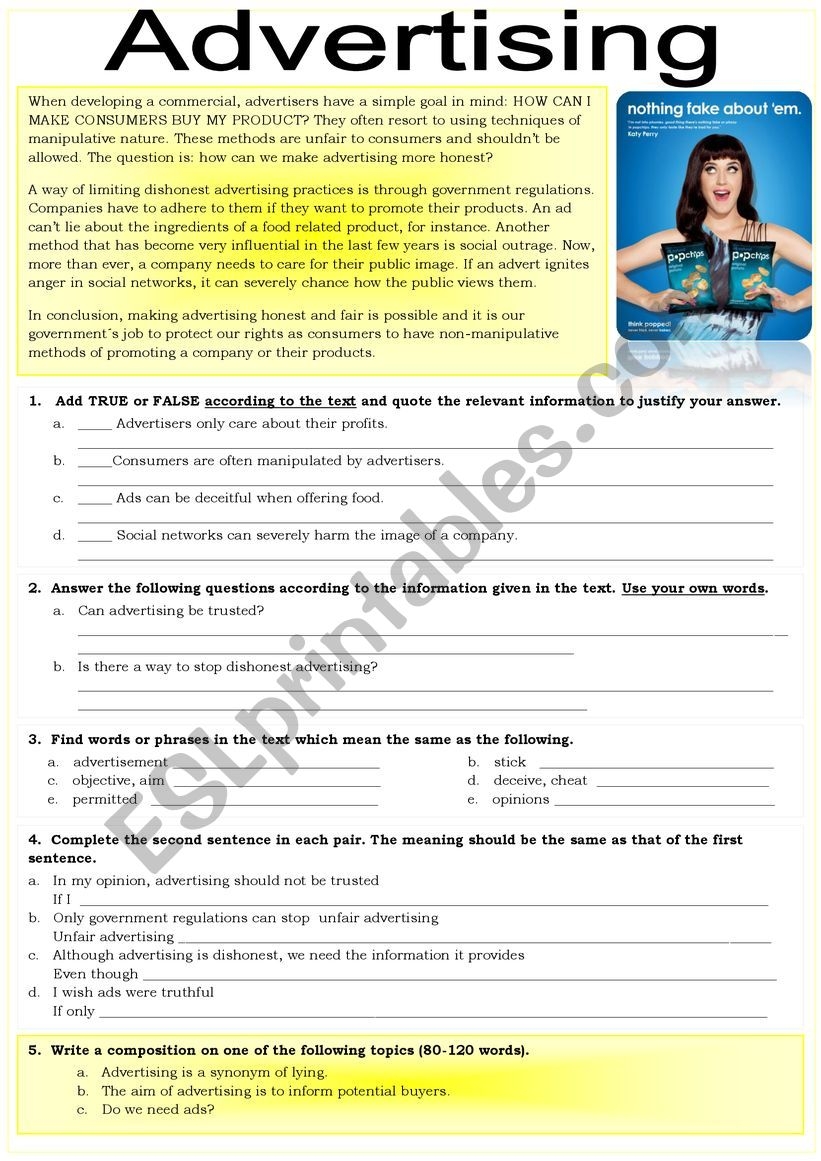 Printable Advertising Worksheet Pdf